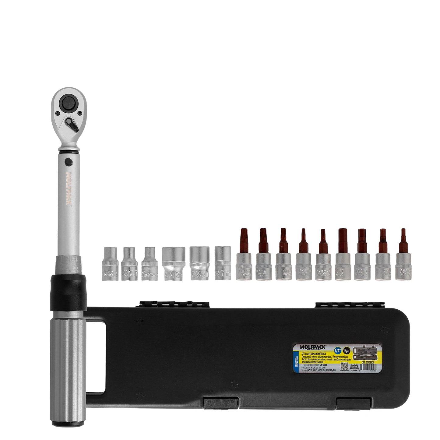 Llave Dinamometrica 1/4" Con 9 Puntas Hexagonales y 5 Vasos. Llave De Torque Camiones, Coches, Motos, Micro Ajustes, Acero CRV