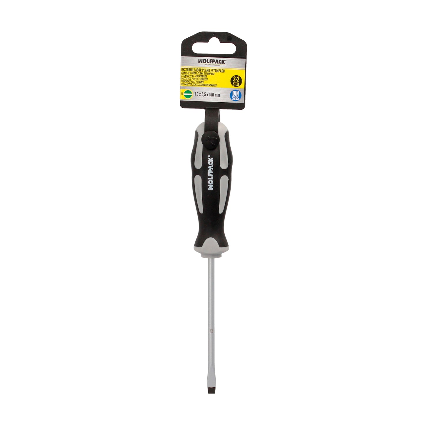 Destornillador Plano Estampado Acero S2 Mango TPR Bimaterial. Medida 1,0 x Ø 5,5 x 100 mm. DIN5265