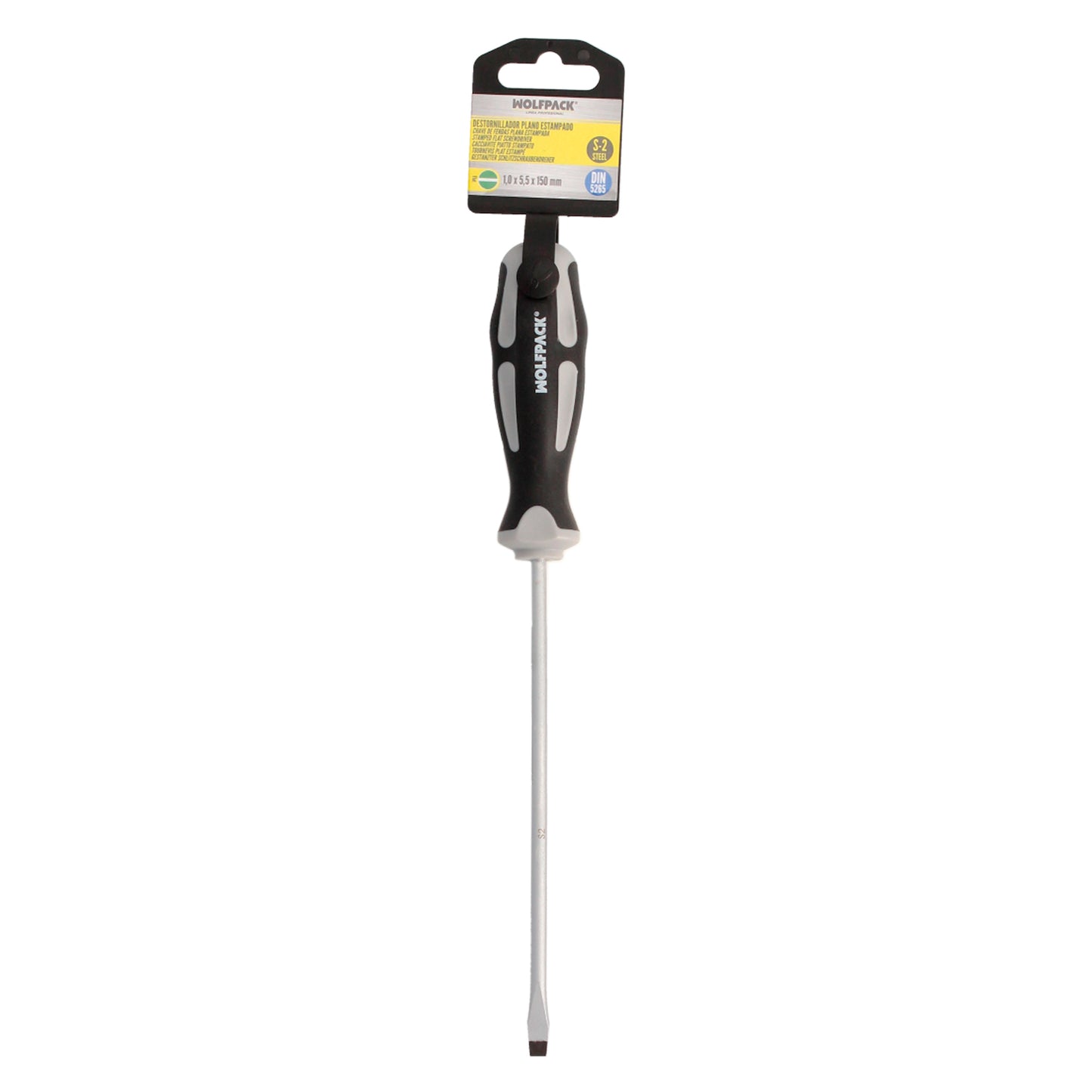 Destornillador Plano Estampado Acero S2 Mango TPR Bimaterial. Medida 1,0 x Ø 5,5 x 150 mm. DIN5265