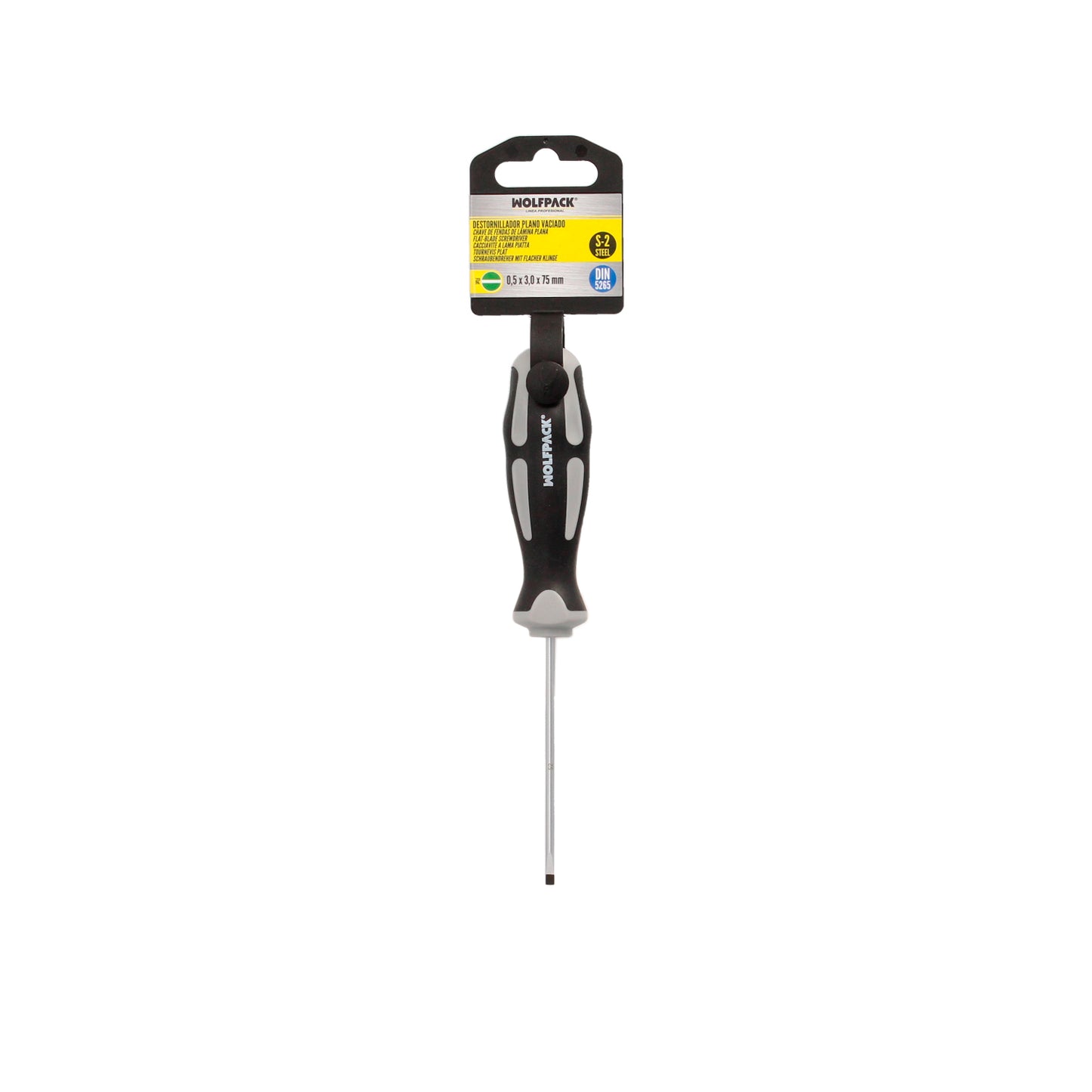 Destornillador Plano Vaciado Acero S2 Mango TPR Bimaterial. Medida 0,5 x Ø 3,0 x 75 mm. DIN5265