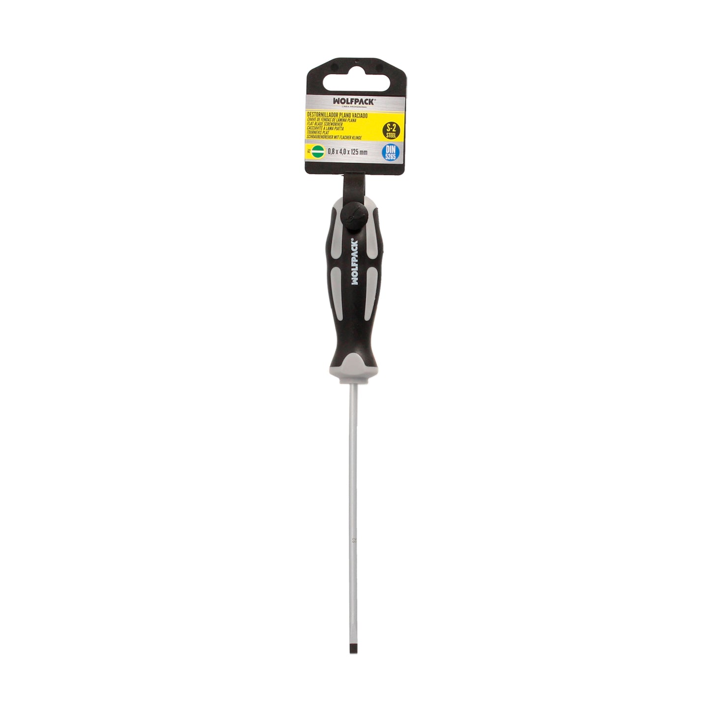 Destornillador Plano Vaciado Acero S2 Mango TPR Bimaterial. Medida 0,8 x Ø 4,0 x 125 mm. DIN5265