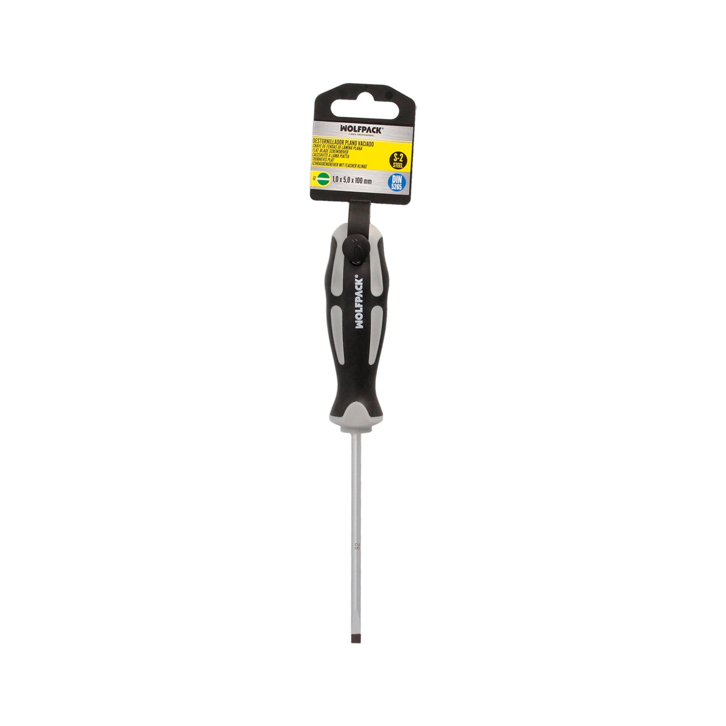 Destornillador Plano Vaciado Acero S2 Mango TPR Bimaterial. Medida 1,0 x Ø 5,0 x 100 mm. DIN5265