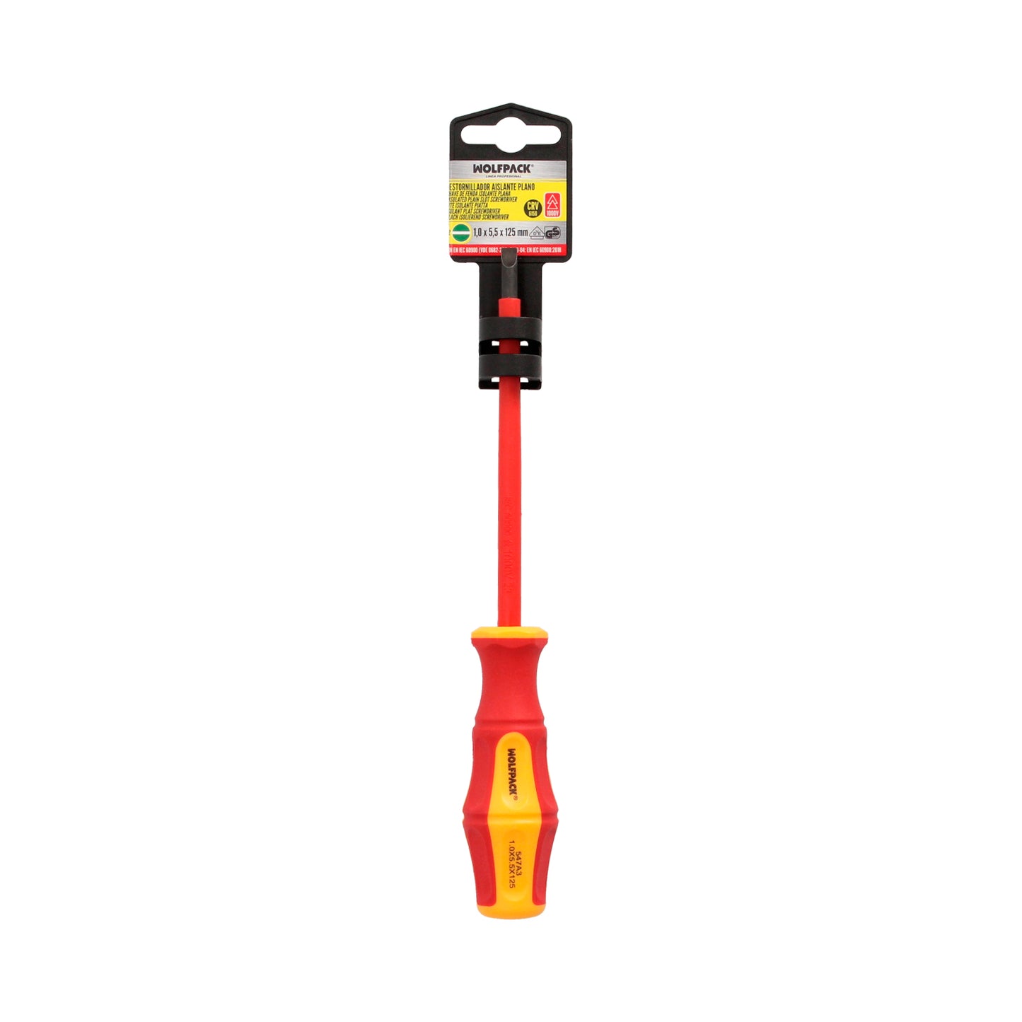 Destornillador Plano Aislado Certificado VDE 1.000 V. Medida 1,0 x Ø 5,5 x 125 mm. Destornillador Seguridad Electricista