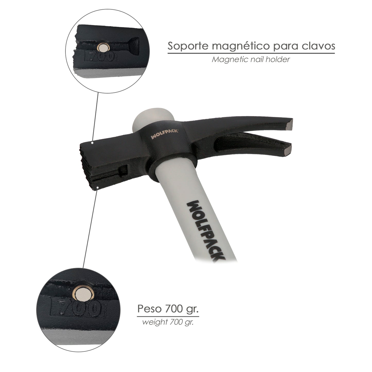 Martelo de formação magnética de fibra de vidro Cabo de fibra de vidro com cabo antiderrapante. 700 gramas 50 cm.