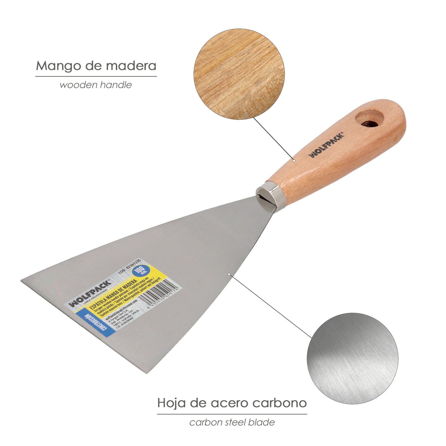 Espátula Cabo de Madeira Chapa de Aço 100 mm. Espátula de gesso, espátula de pintor, espátula de massa de vidraceiro, espátula de gesso cartonado, etc.