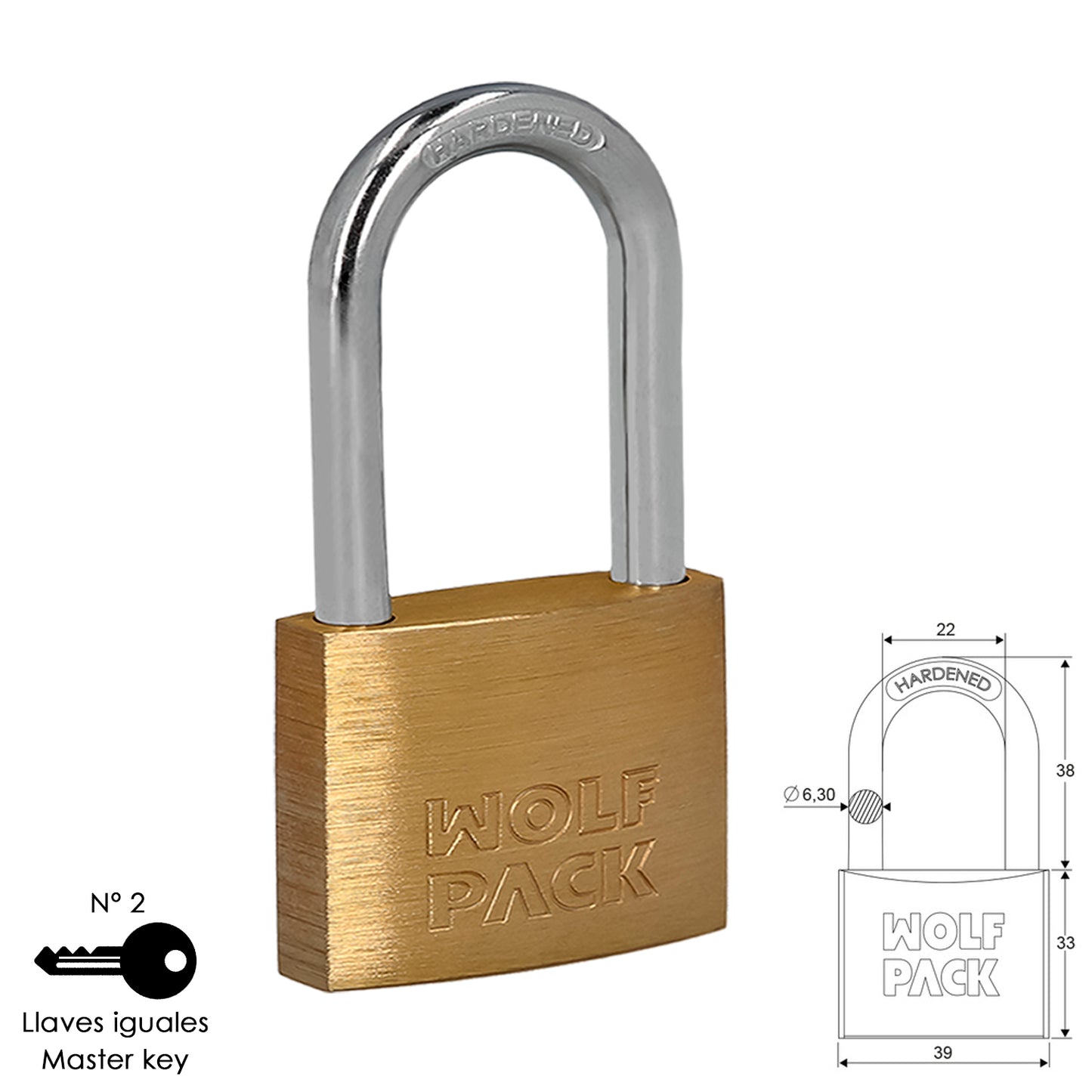 Cadeado de arco longo de latão com chave igual 40 mm. nº 2