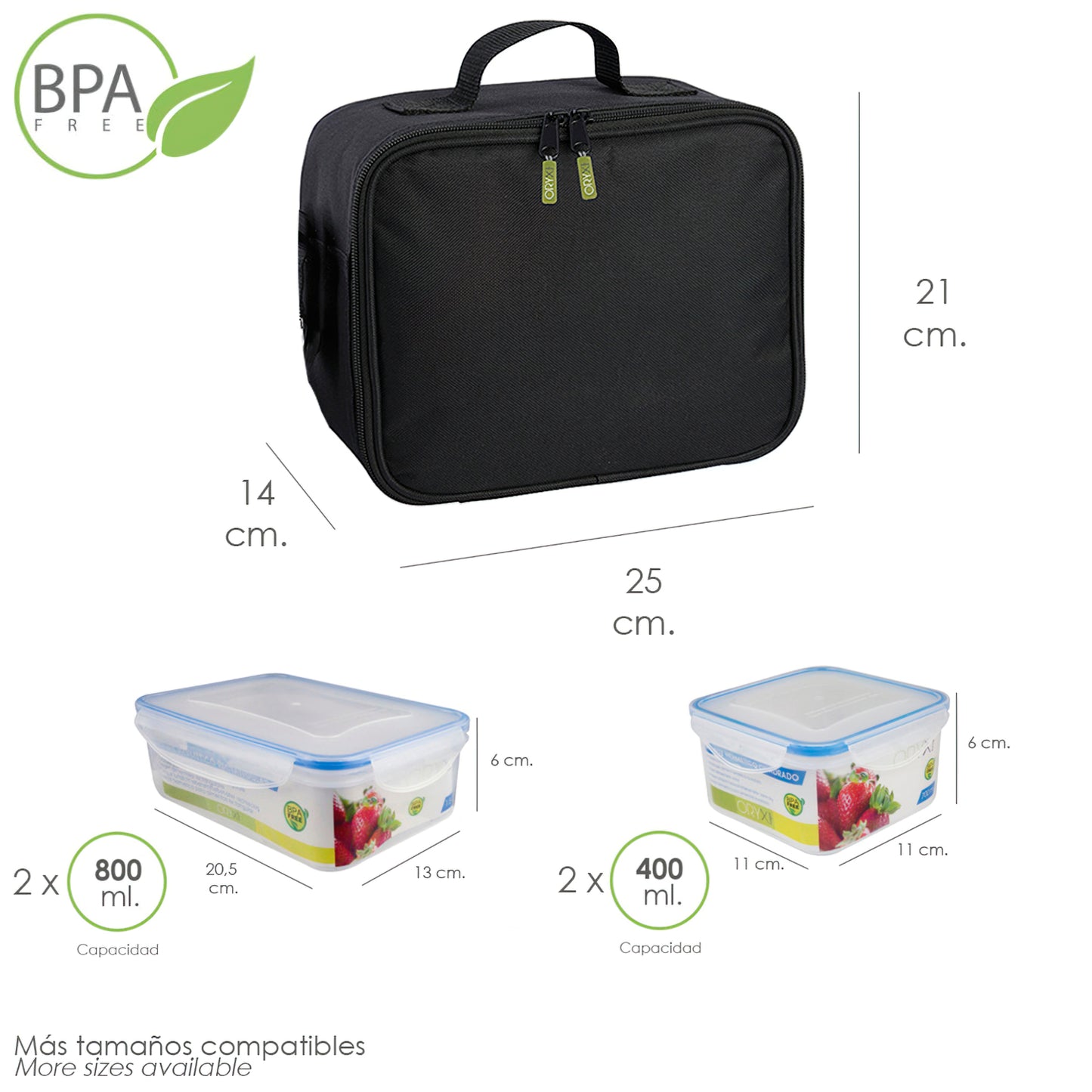 Bolsa Termica Con 4 Recipientes Hermeticos Plastico (2x800 ml + 2x400 ml.)