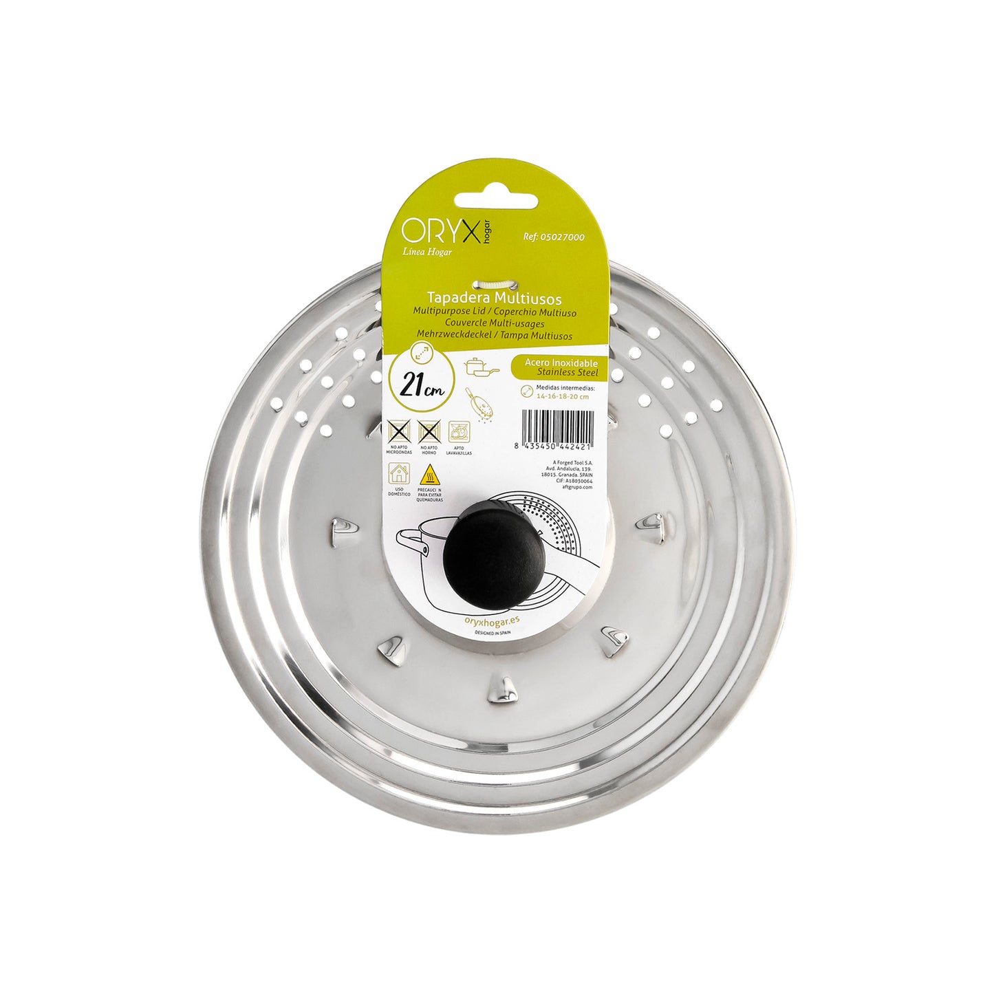 Tampa multiusos em aço inox Ø 21 cm. Use a tampa anti respingos e o escorredor. Cobertura Adpatable Medidas Diferentes