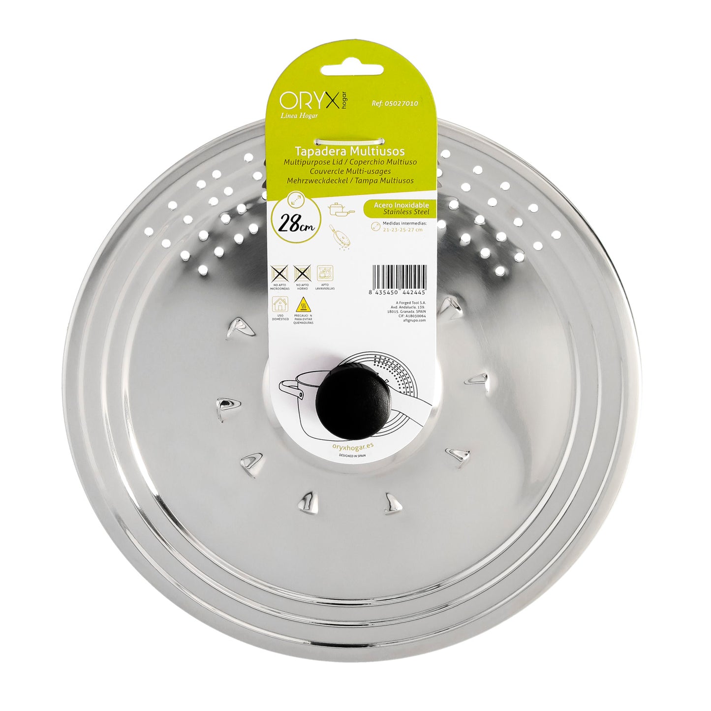 Tapadera Multiusos Acero Inoxidable Ø 28 cm. Uso Tapa Anti Salpicaduras y Escurridor. Tapadera Adpatable Diferentes Medidas
