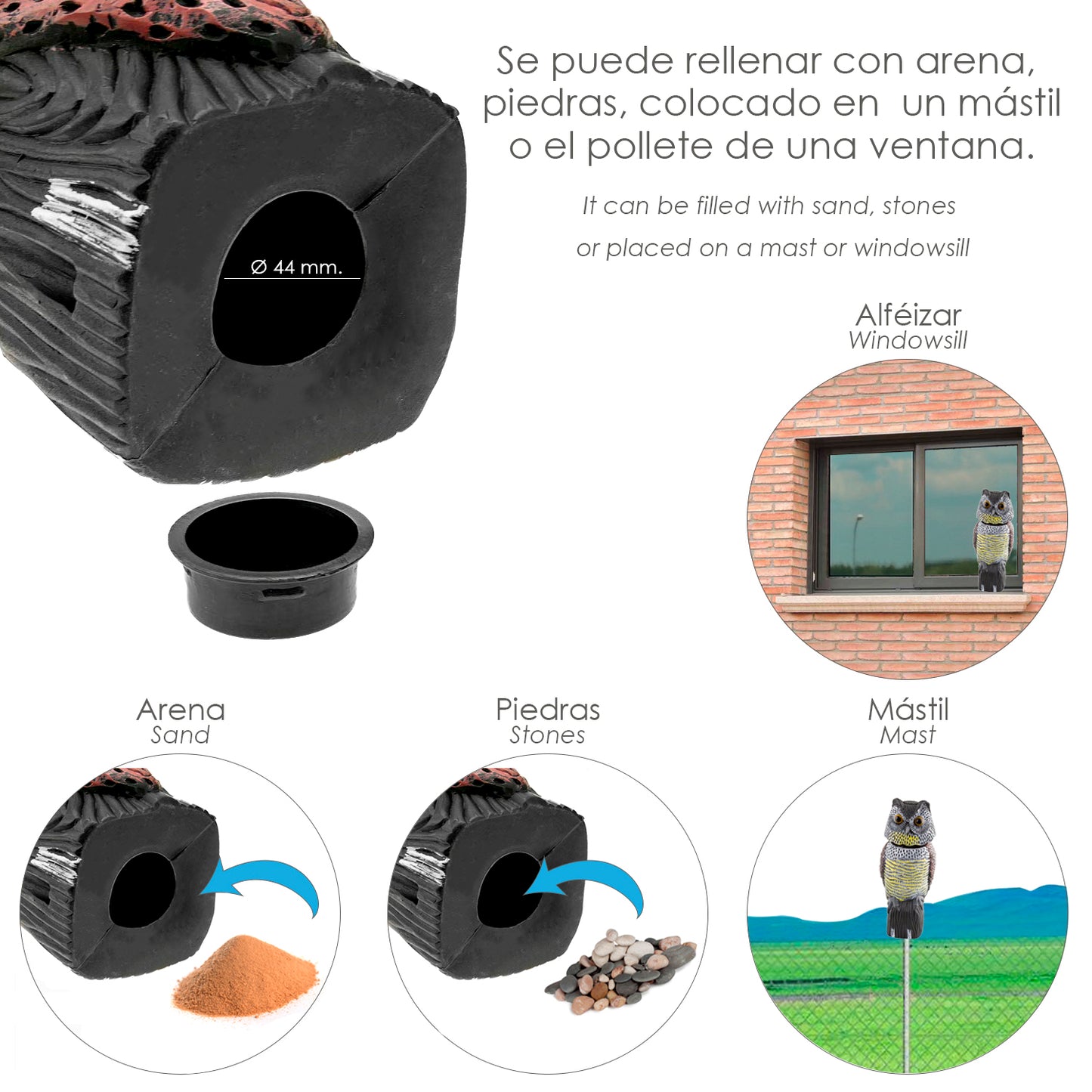 Espantador de Pássaros Coruja / Pássaros com Cabeça Rotativa 40 cm.