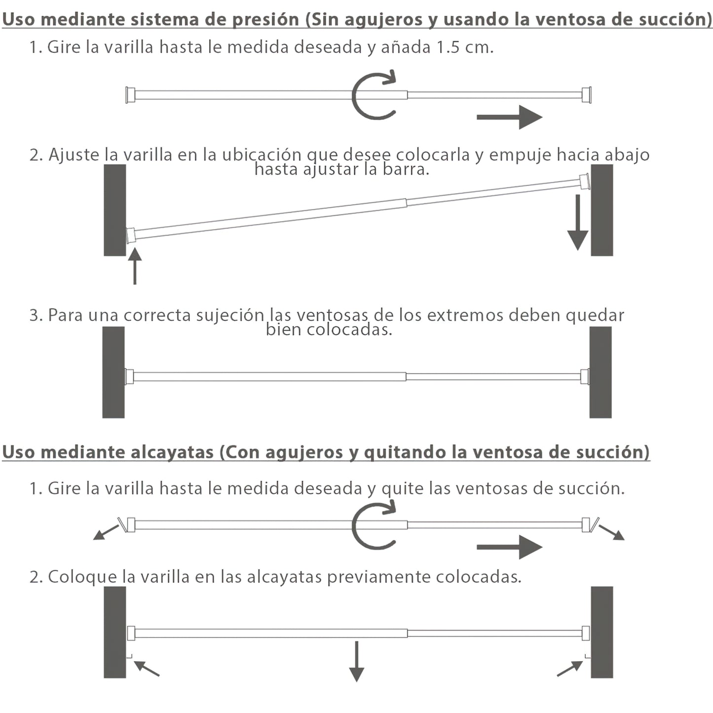 Barra transparente extensível 23/38 cm. com mola de pressão, suportes e ventosas (2 peças)