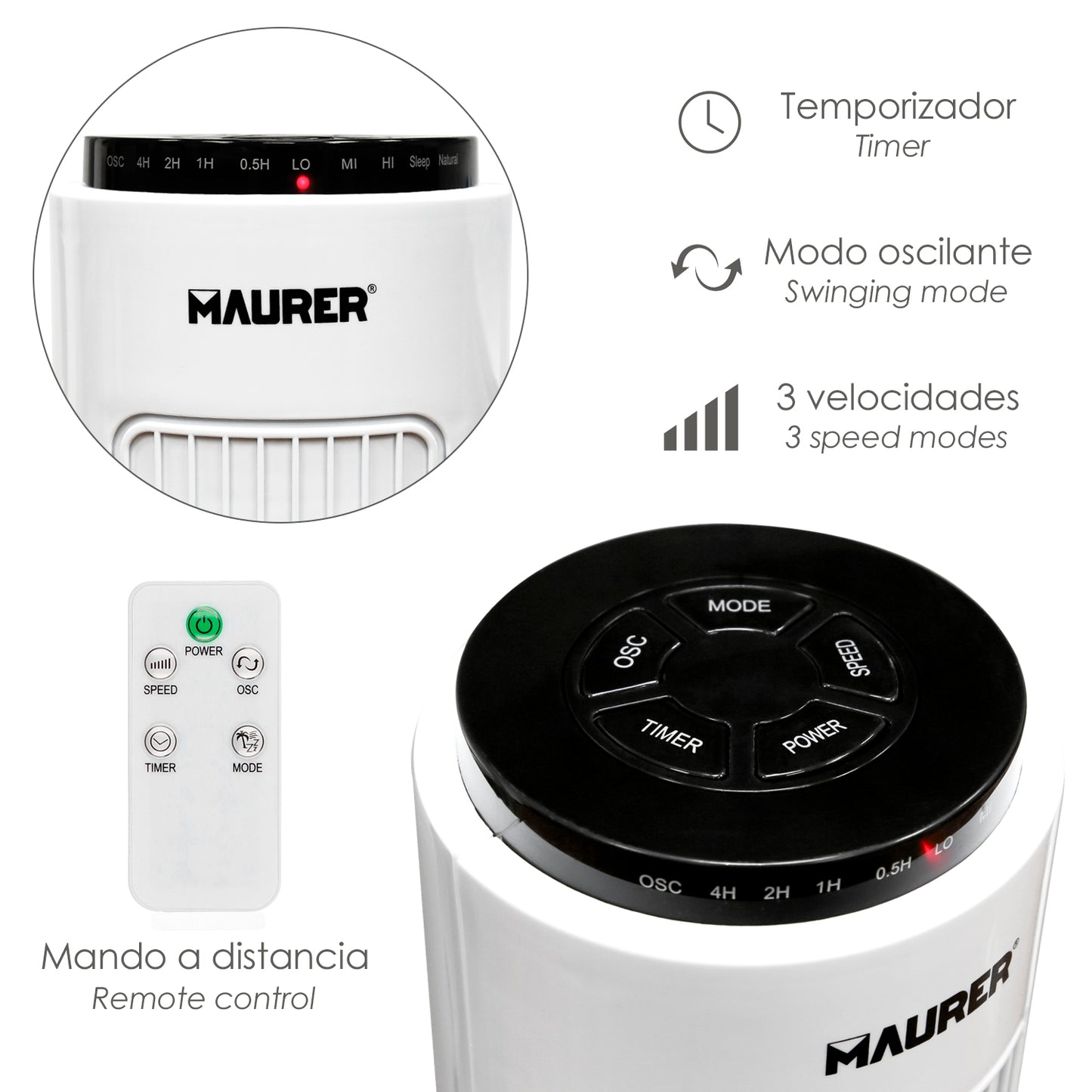 Ventilador Torre Maurer 73 cm 3 velocidades. Função oscilante. Com timer e controle remoto.