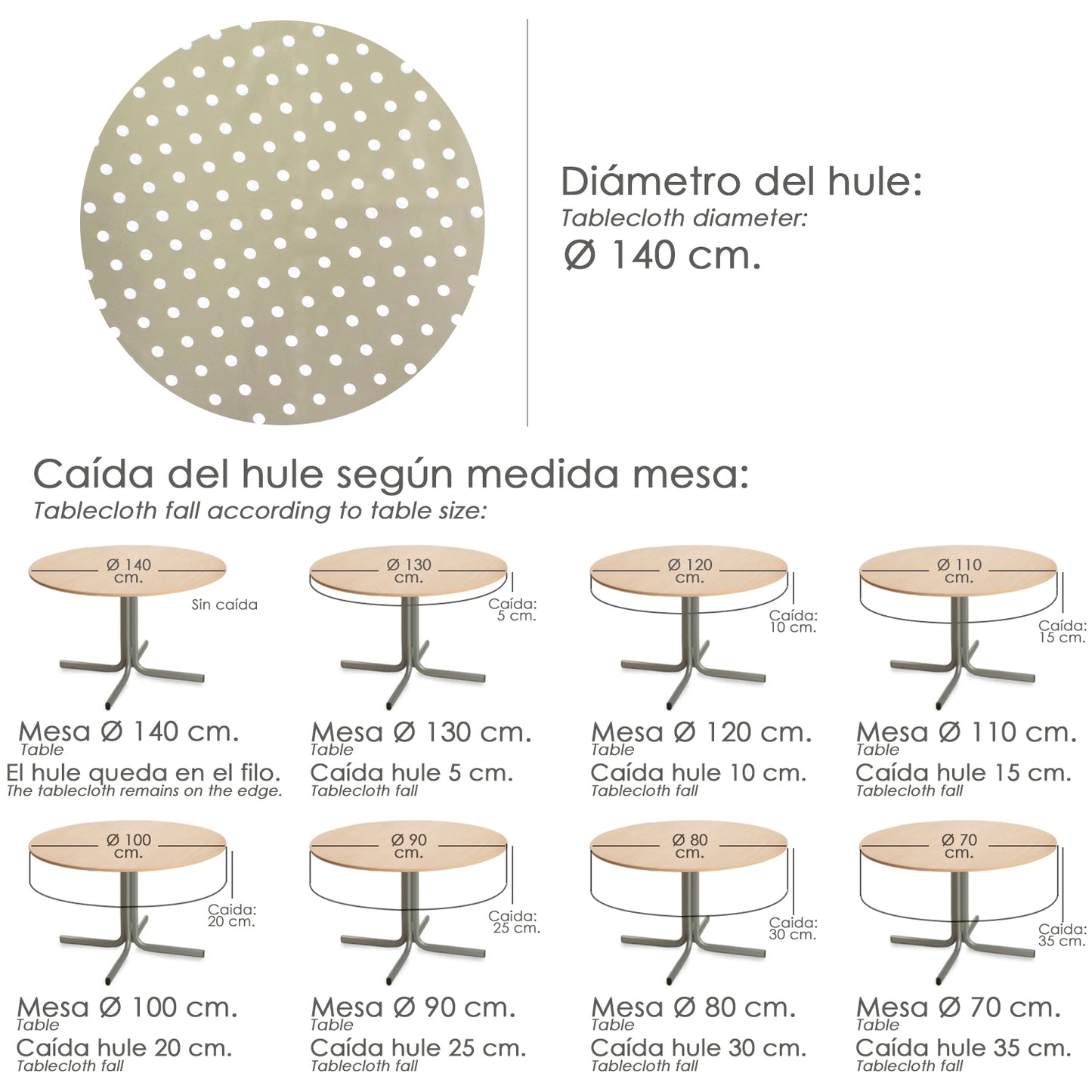 Mantel Hule Redondo Topos Beige Impermeable Antimanchas PVC Ø140 cm. Uso Interior y Exterior