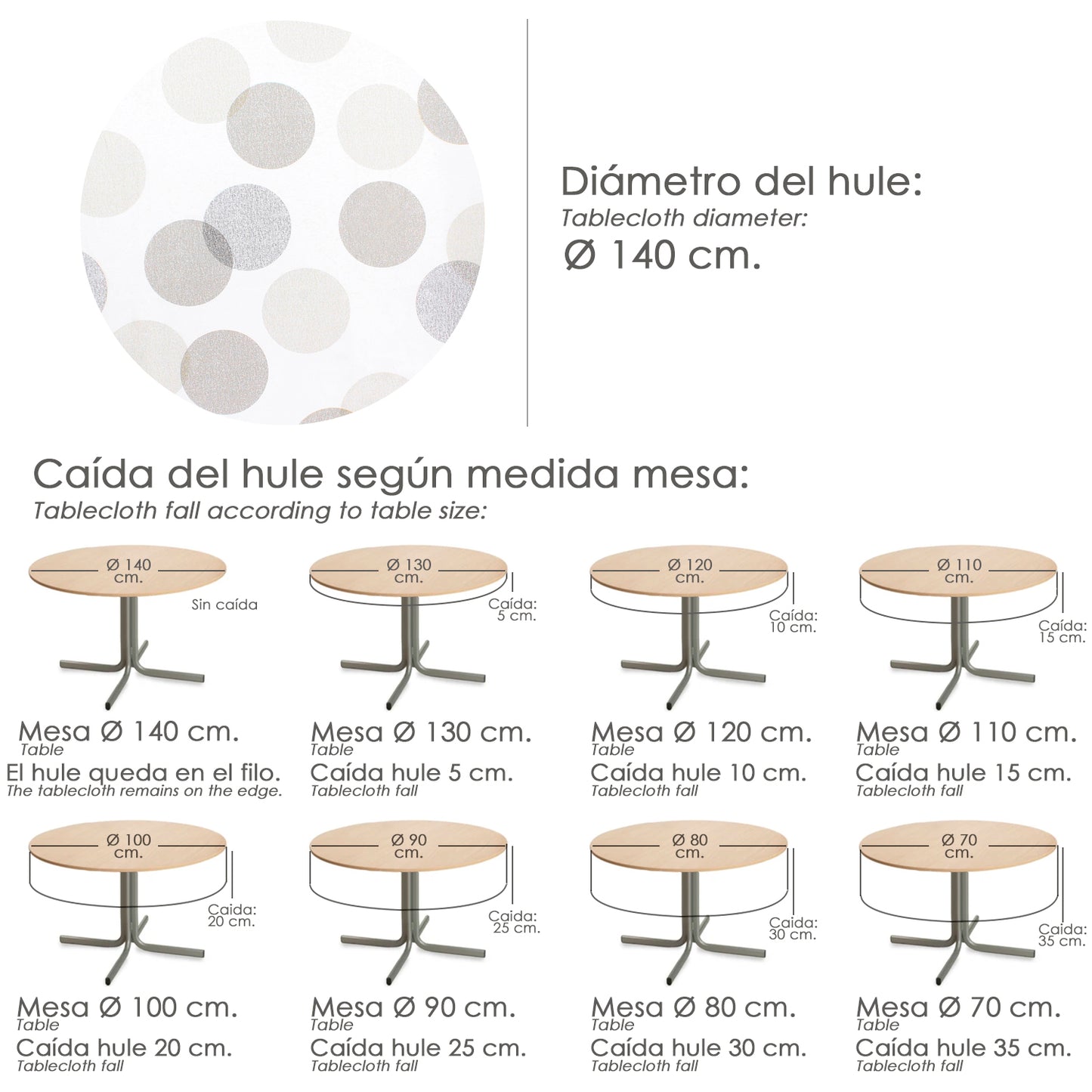 Oleado Redondo Toalha Círculos Bege Impermeável PVC Antimanchas Ø 140 cm. Uso interno e externo