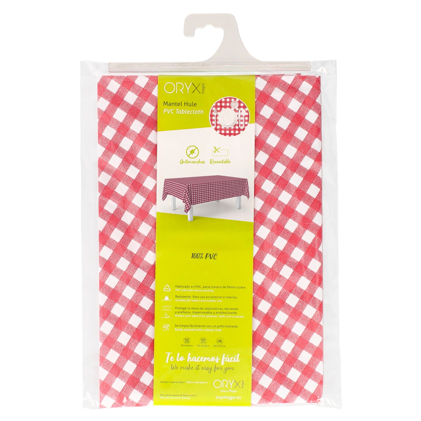 Mantel Hule Rectangular Cuadros Rojos Impermeable Antimanchas PVC 140x250 cm. Recortable Uso Interior y Exterior