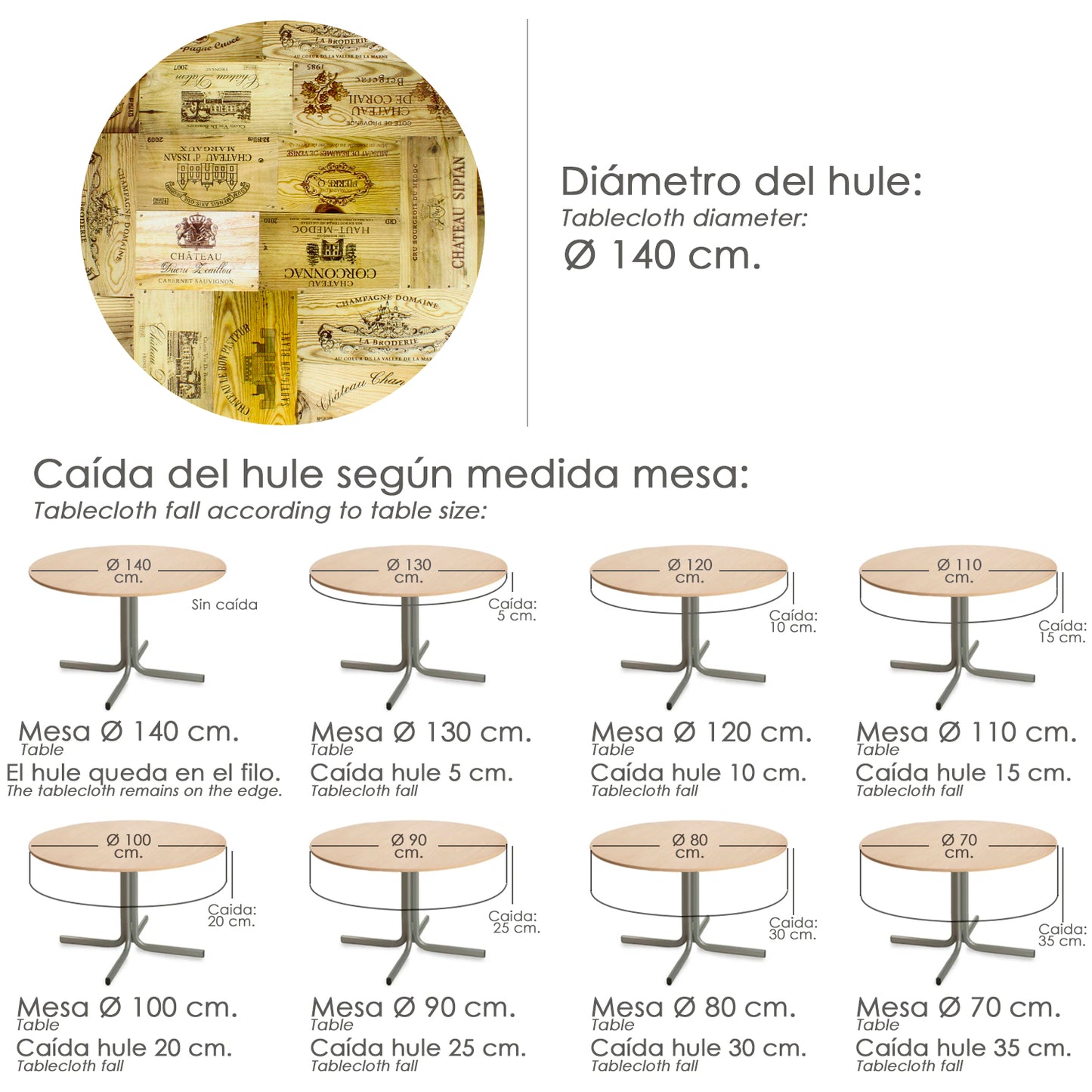 Mantel Hule Redondo Tablones Vino Impermeable Antimanchas PVC Ø 140 cm. Uso Interior y Exterior