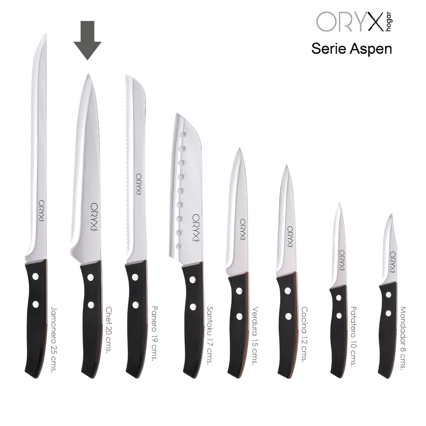 Cuchillo Aspen Cocinero / Chef Hoja Acero Inoxidable 20 cm. Negro