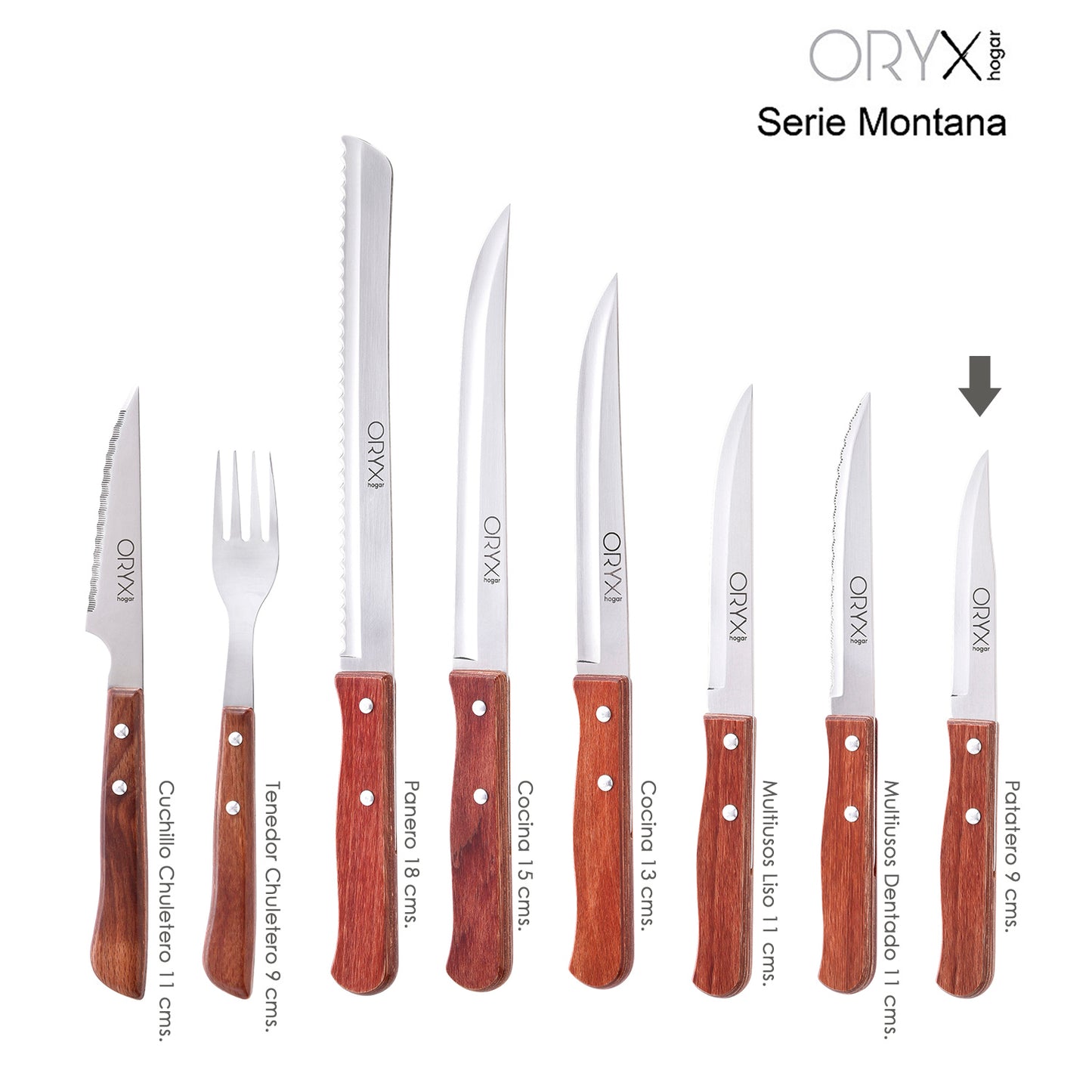 Faca Montana Patatero Lâmina Aço Inox 9 cm. Cabo de madeira (Blister 3 peças)