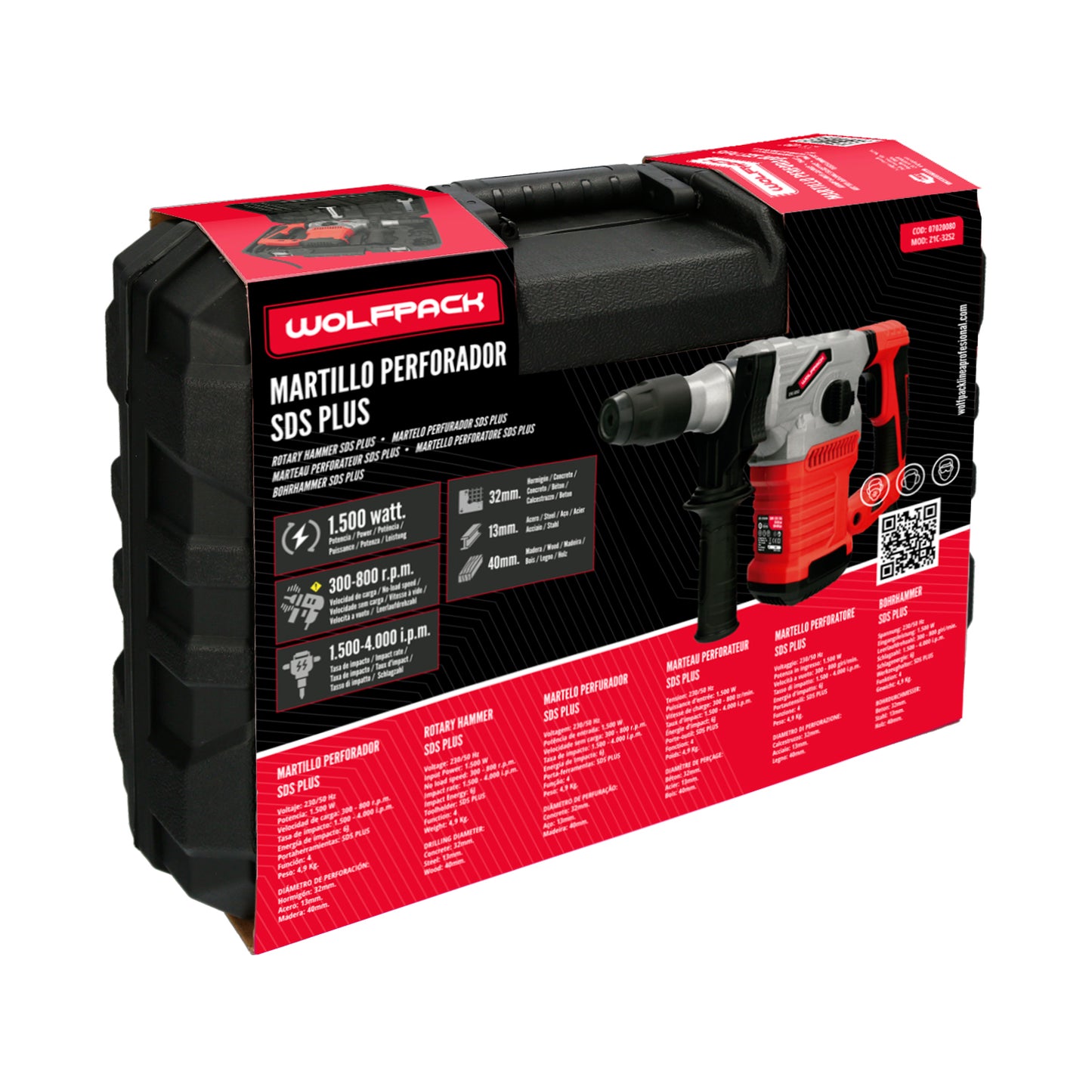 Furadeira de martelo de demolição SDS PLUS 1.500 watts. Com acessórios e maleta. 4.000 IPM 6 Joules.