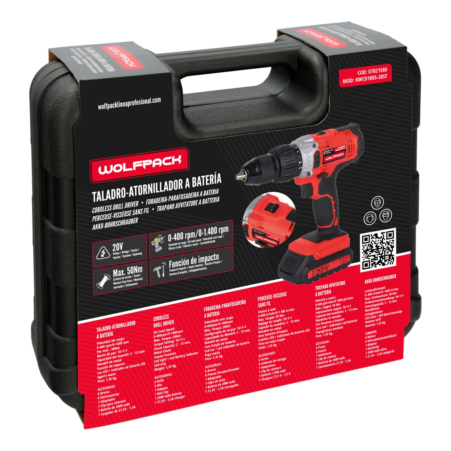 Furadeira com chave de fenda 20 V. Com 2 velocidades e martelo. Bateria 2 Ah. Torque de aperto 50 Nm.