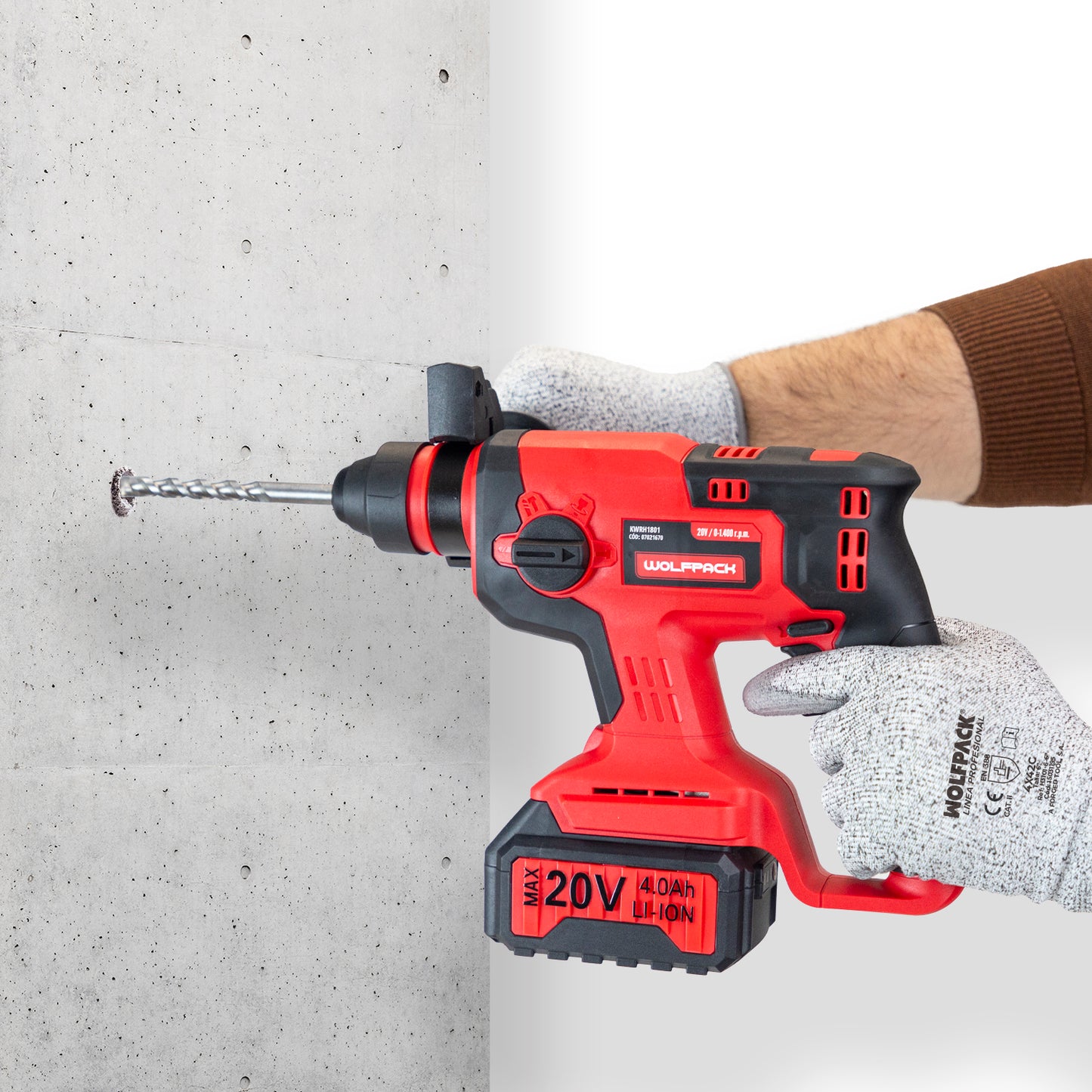 Martillo SDS PLUS A Bateria 20 Volt. Con Bateria 4.0 Ah. 1.400 R.P.M. 3 Funciones Cincelar, Perforar y Perforar con Martillo