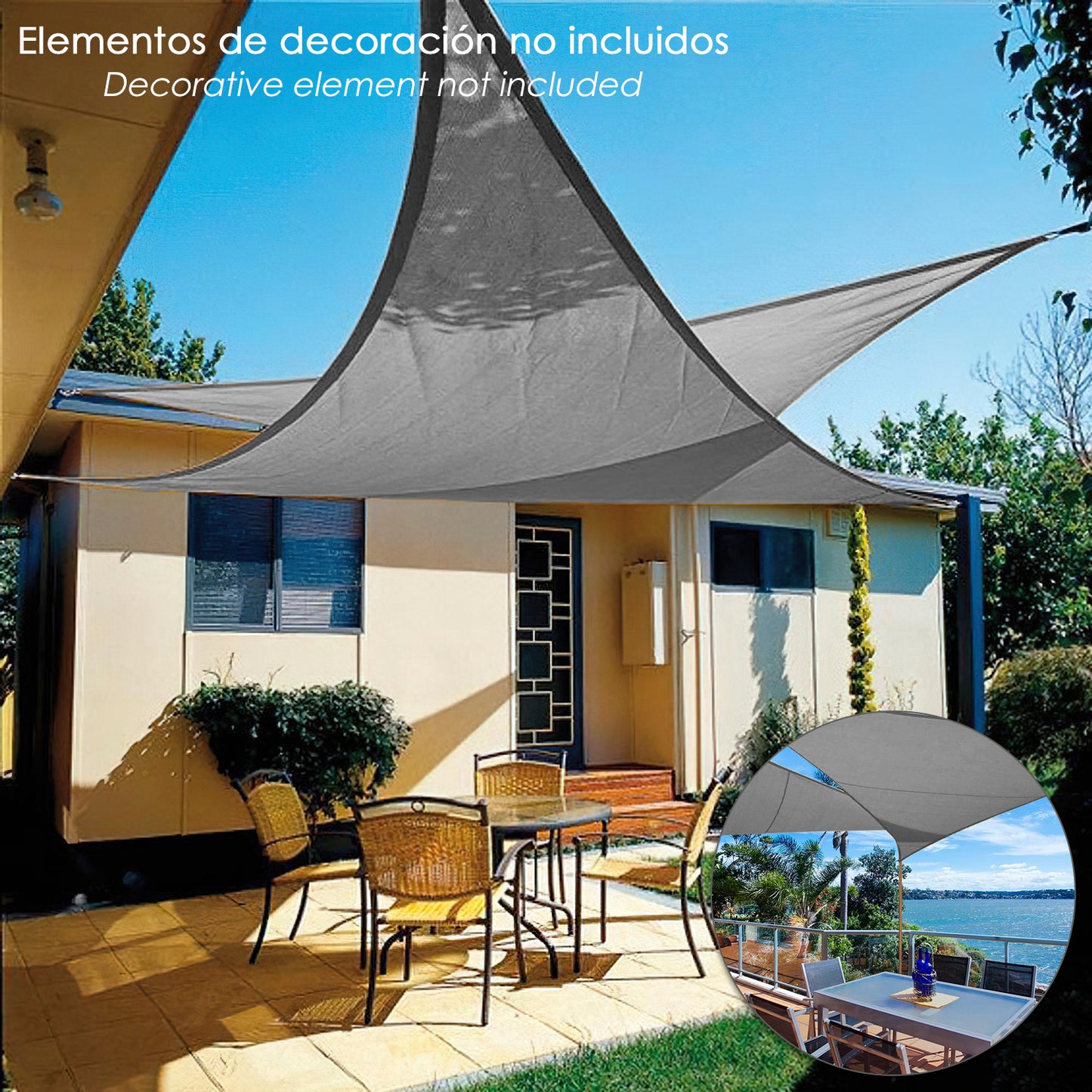 Toldo Vela Sombra Jardin Triangular 3,6x3,6x3,6 metros Gris