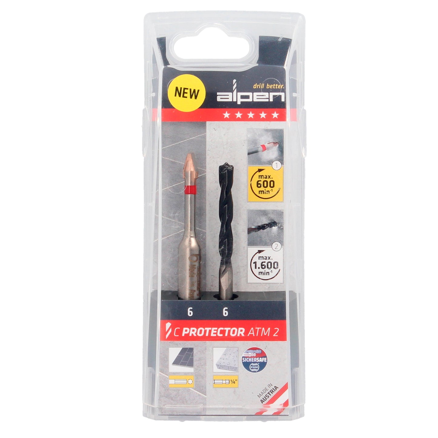 Broca Alpen para Porcelanas Muito Duras Ø 6 mm. Conjunto 2 bits. Sem refrigeração,