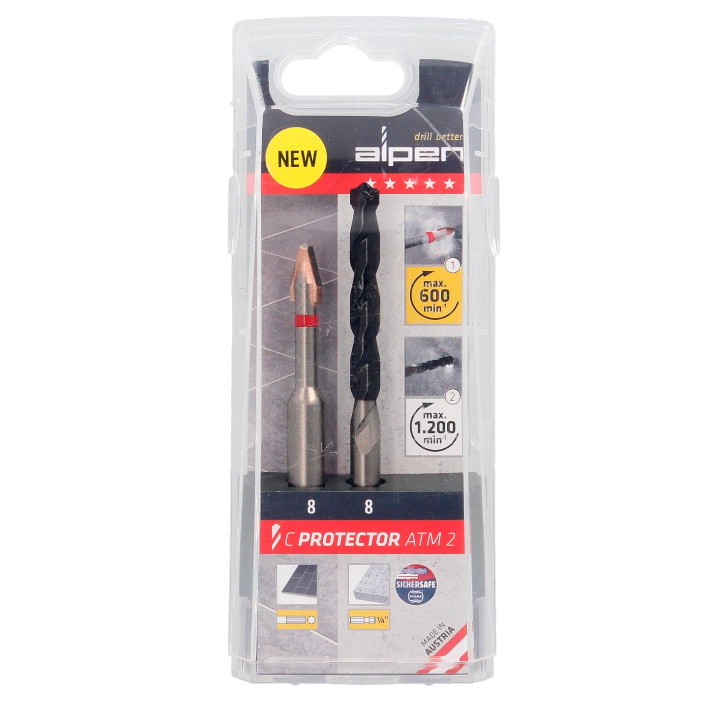 Broca Alpen para Porcelanas Muito Duras Ø 8 mm. Conjunto 2 bits. Sem refrigeração,