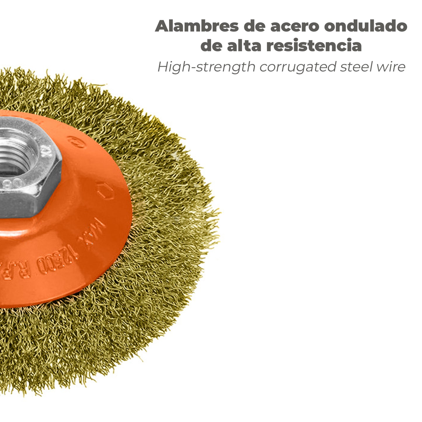 Escova Oblíqua Com Fio De Aço Latão Rosca M14, Ø 100 mm. Fio de Ø 0,30 mm.