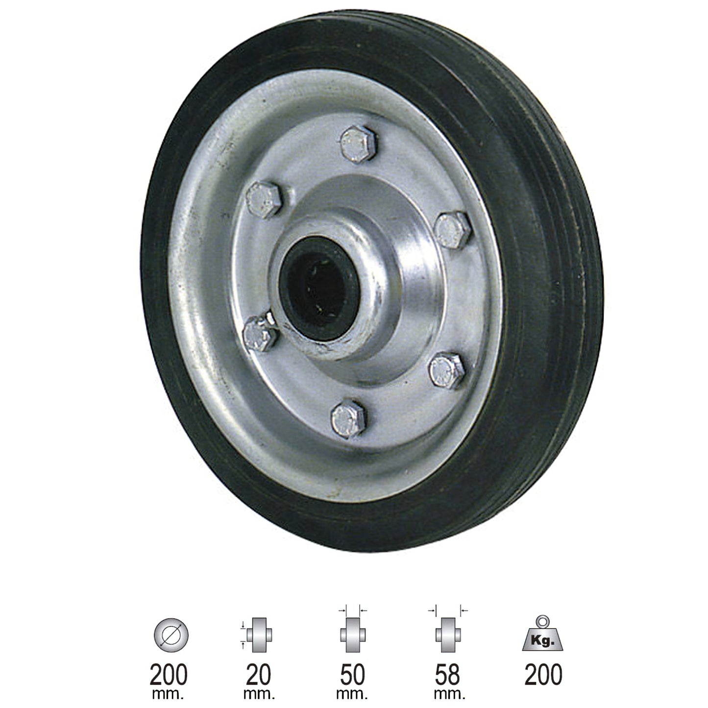 Roda Industrial de Borracha Preta Sem Eixo 200 mm.