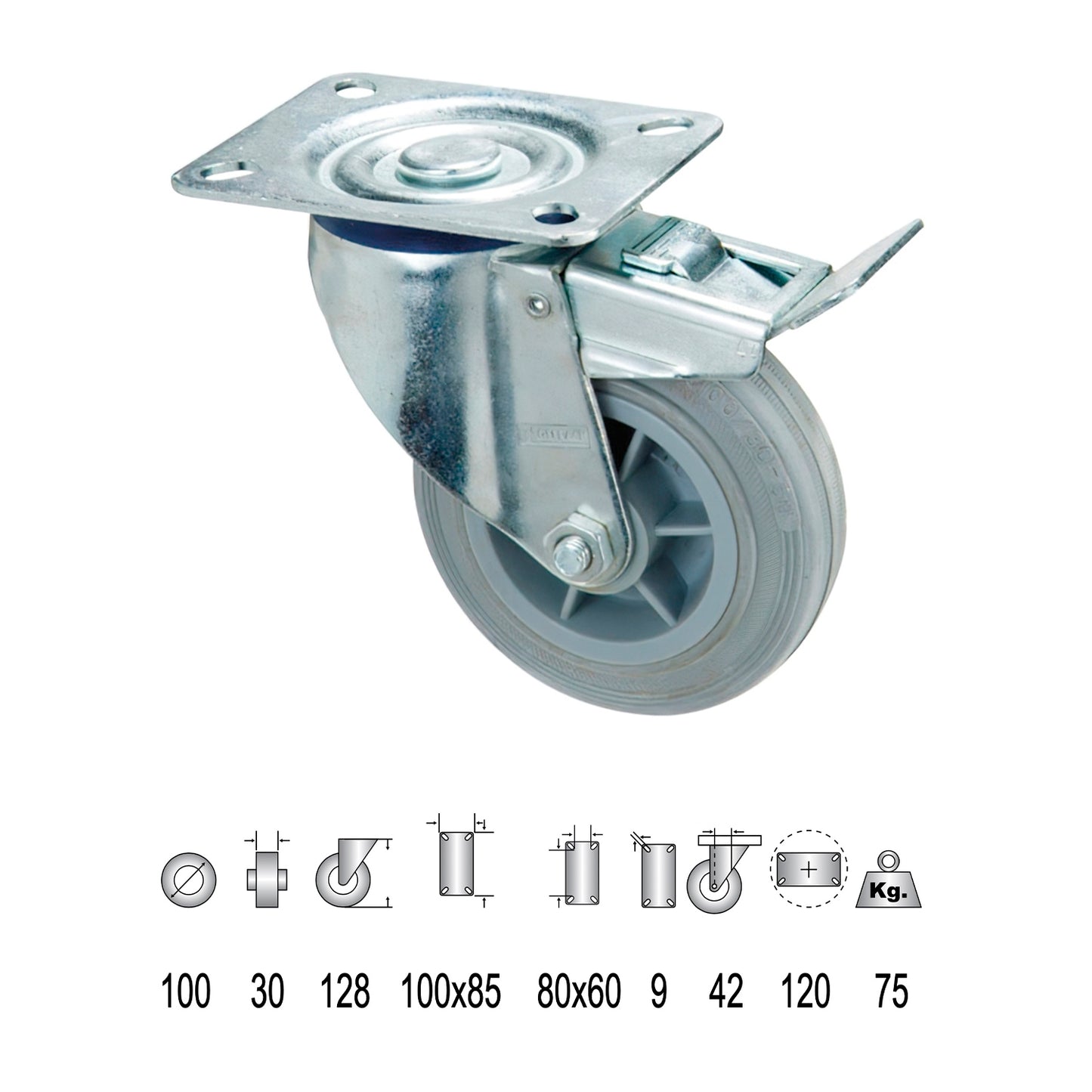 Roda Industrial Chapa de Borracha Cinza com freio 100 mm.