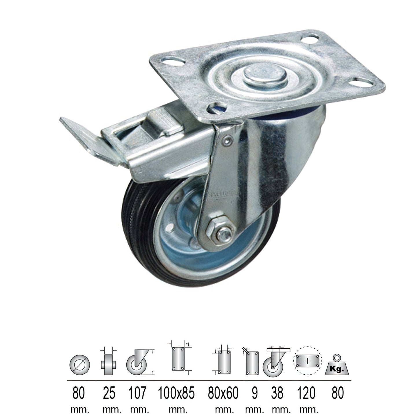 Roda Industrial Chapa de Borracha Preta com freio 80 mm.