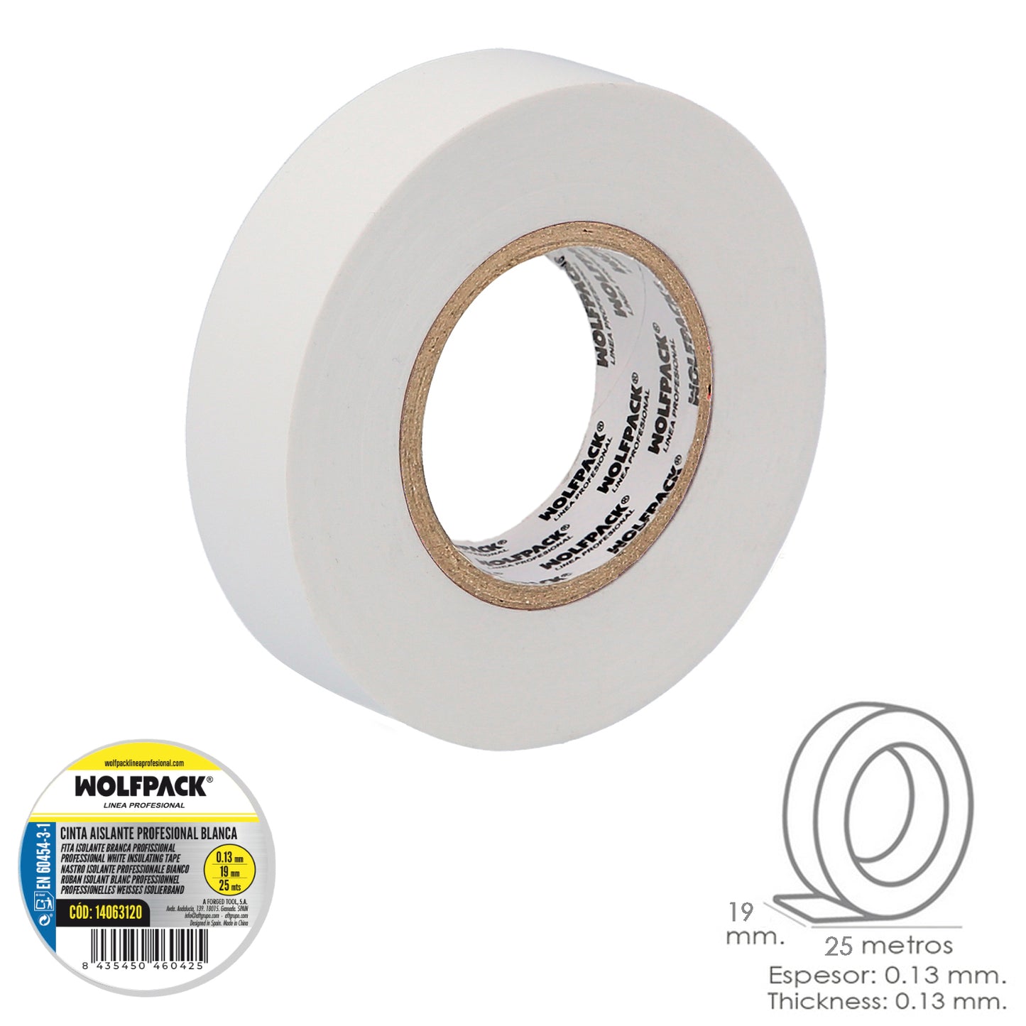 Fita Isolante Profissional Branca Espessura 0,13 mm. Largura 19mm. Rolo de Fita Eletricista de 25 Metros, Fita Isolante de Cabo
