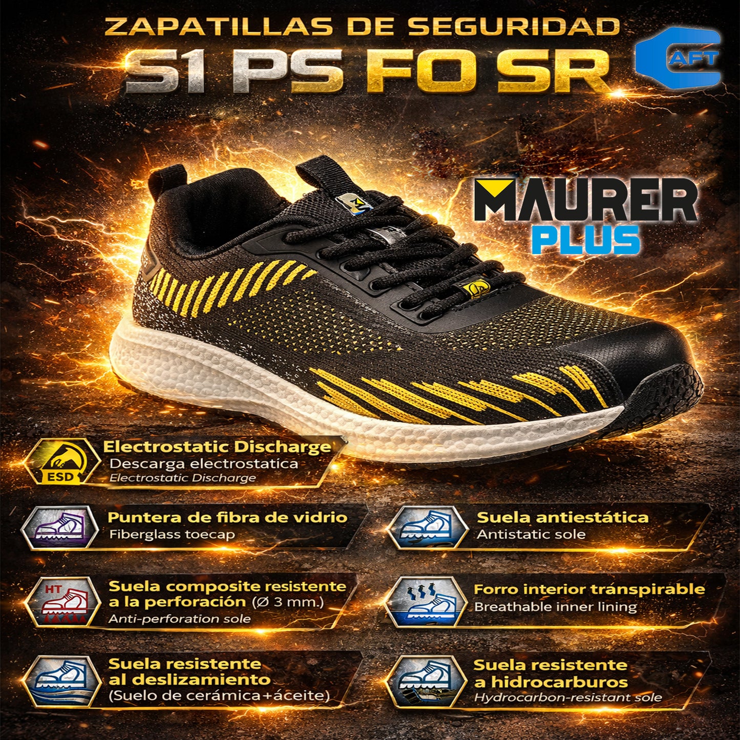 Deportiva Seguridad Maurer S1 Modelo Lusitania Antideslizante con Suela Composite y Resistencia a los Hidrocarburos Talla 45