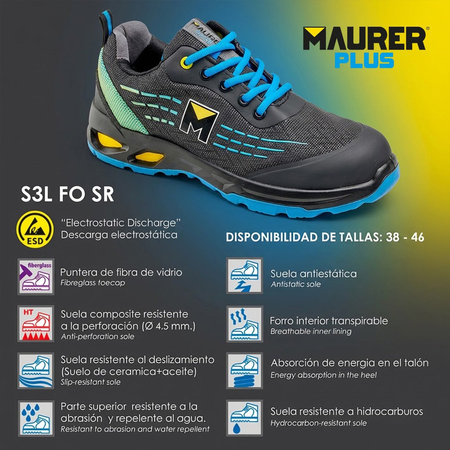 Deportiva Seguridad Maurer S3L Modelo Lapis Antideslizante con Suela Composite y Resistencia a los Hidrocarburos Talla 42.