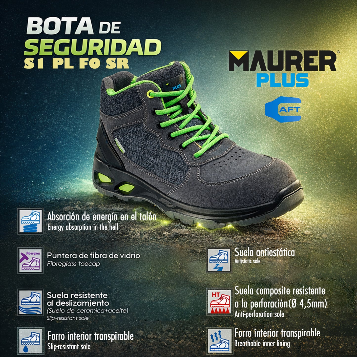 Botas Seguridad Maurer S1 Modelo Arlaz Antideslizante con suela y puntera antiperforación, Resistencia a los Hidrocarburos Nº 45