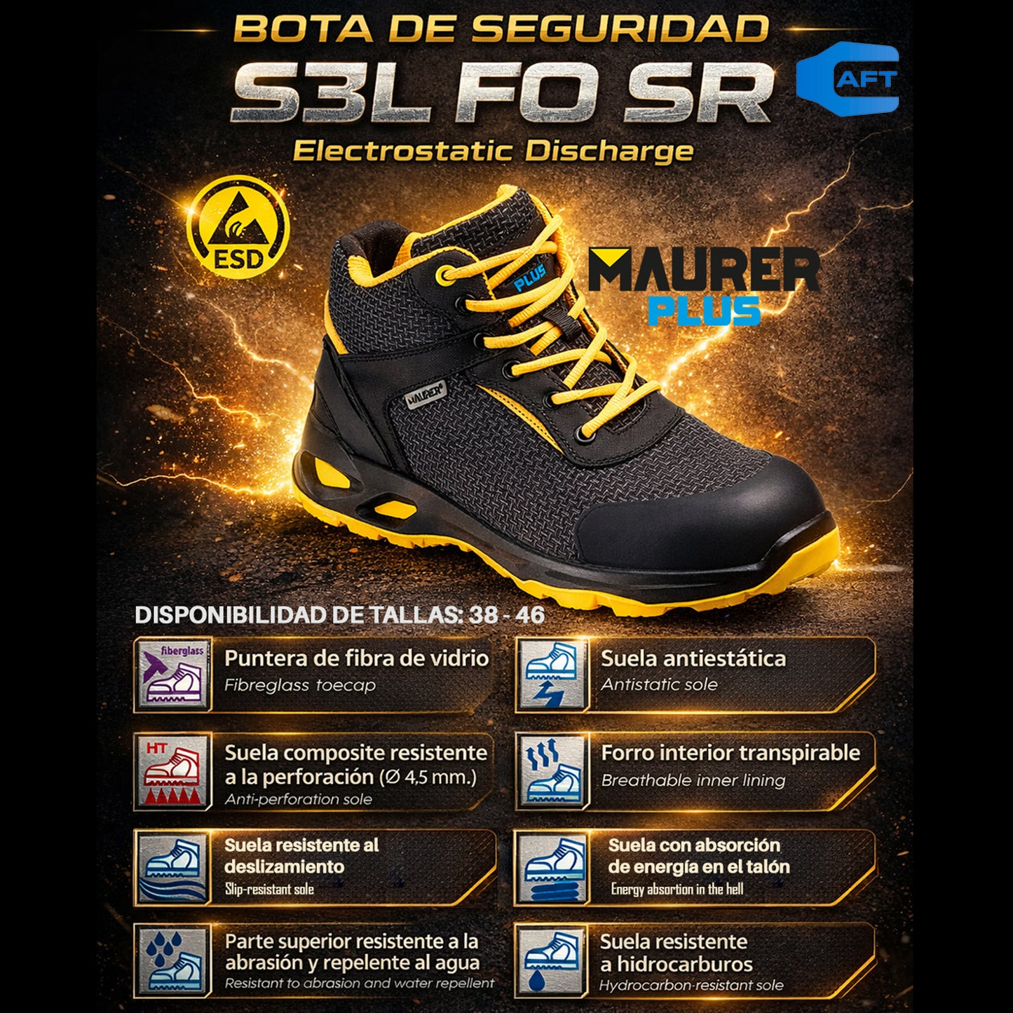Botas Seguridad Maurer S3 Modelo Amerina Antideslizante con Suela Resistente a los Hidrocarburos. Talla 38.