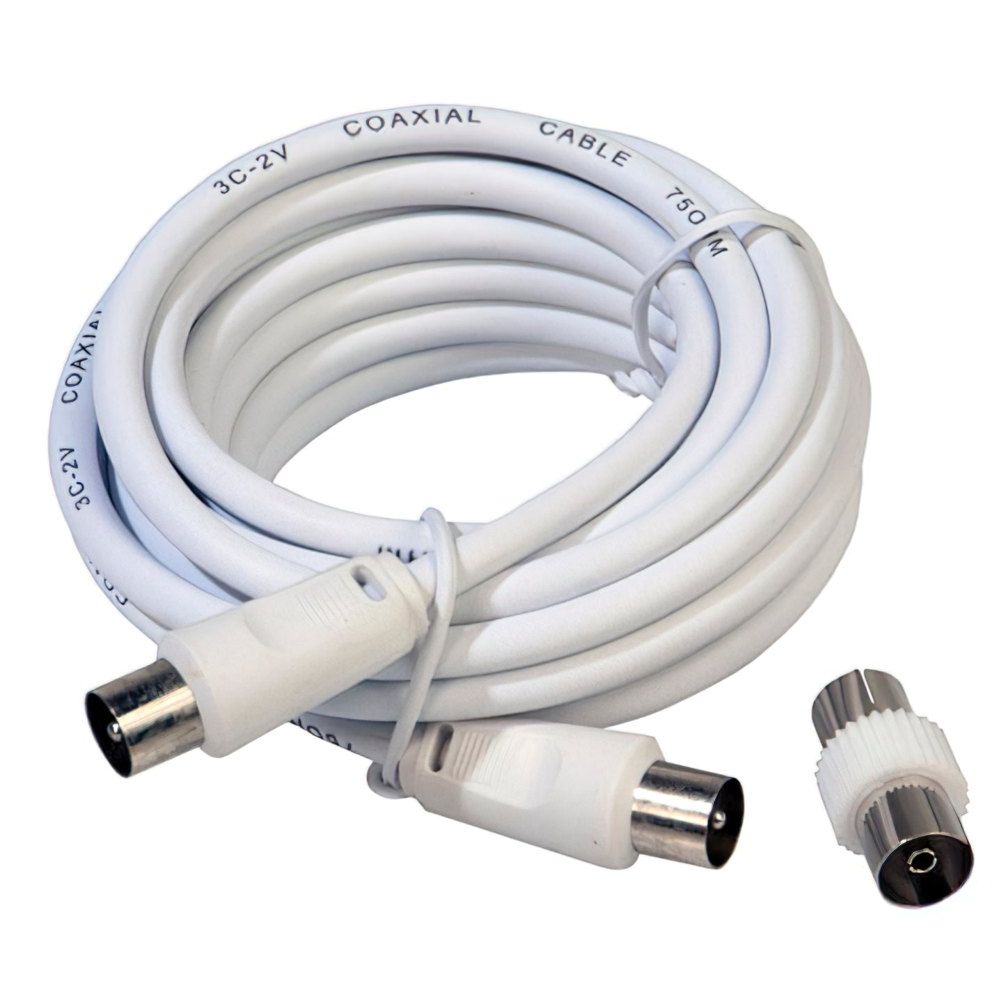 Extensão de vídeo de TV macho-macho 3 metros / Ø 9,5 mm. Com Adaptador Macho-Fêmea Branco