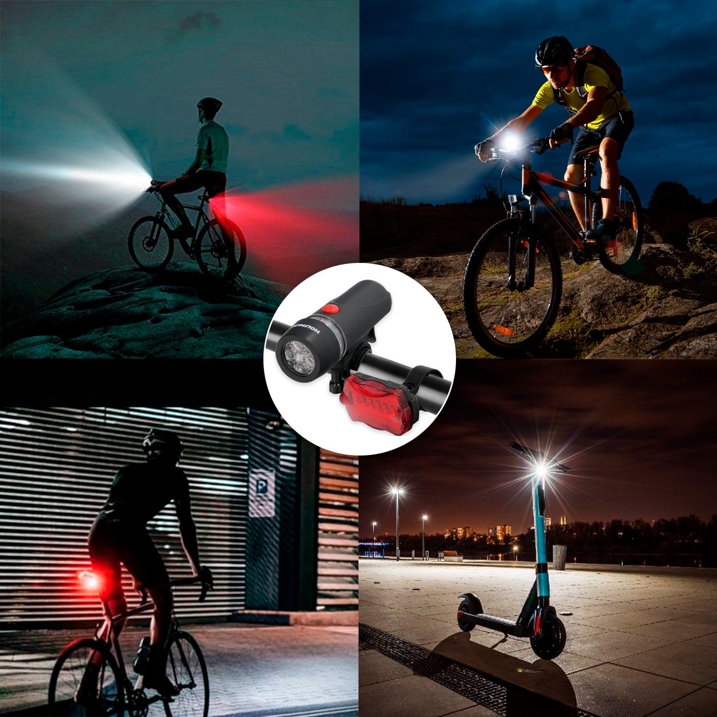 Kit Luces Led Delantera y Trasera Para Bicicleta / Patinete. Funcionamiento a Pilas.