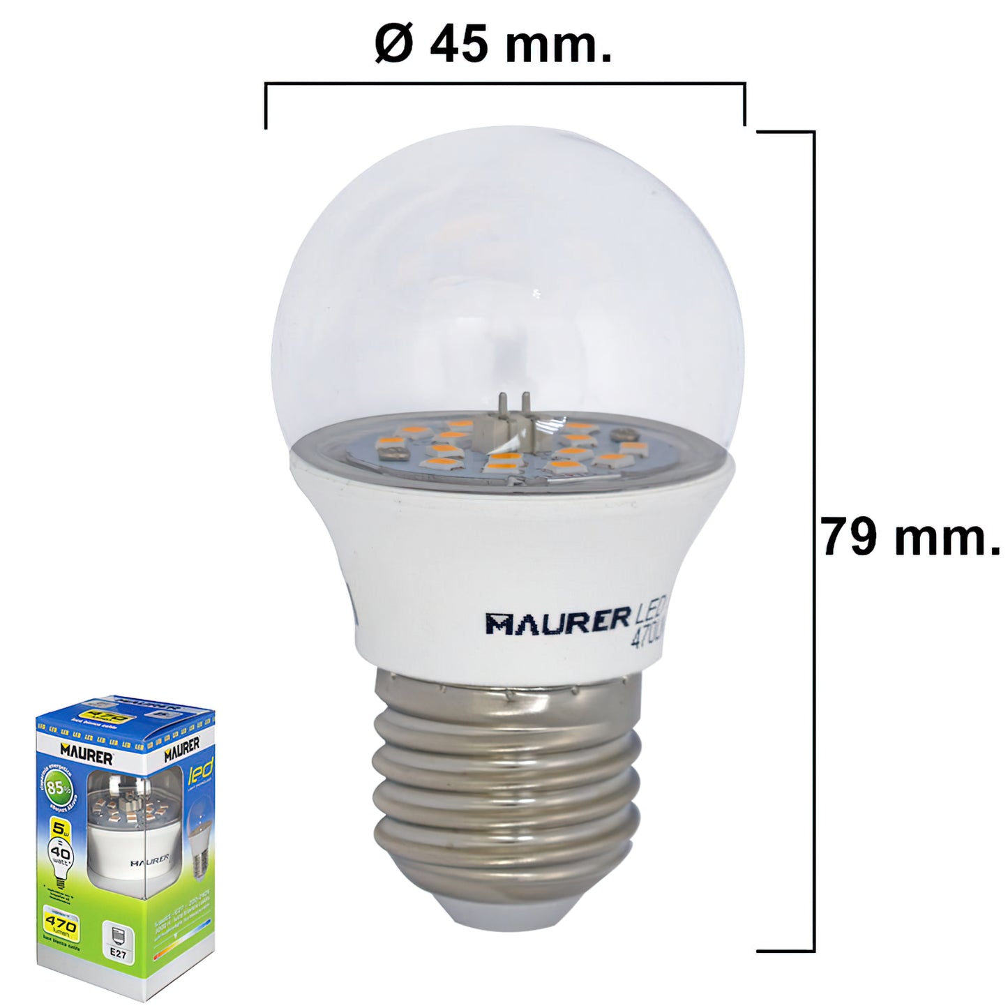 Lâmpada Led Esférica Transparente E27 5 W. 40 W. 470 lumens Luz quente. (3000°K).