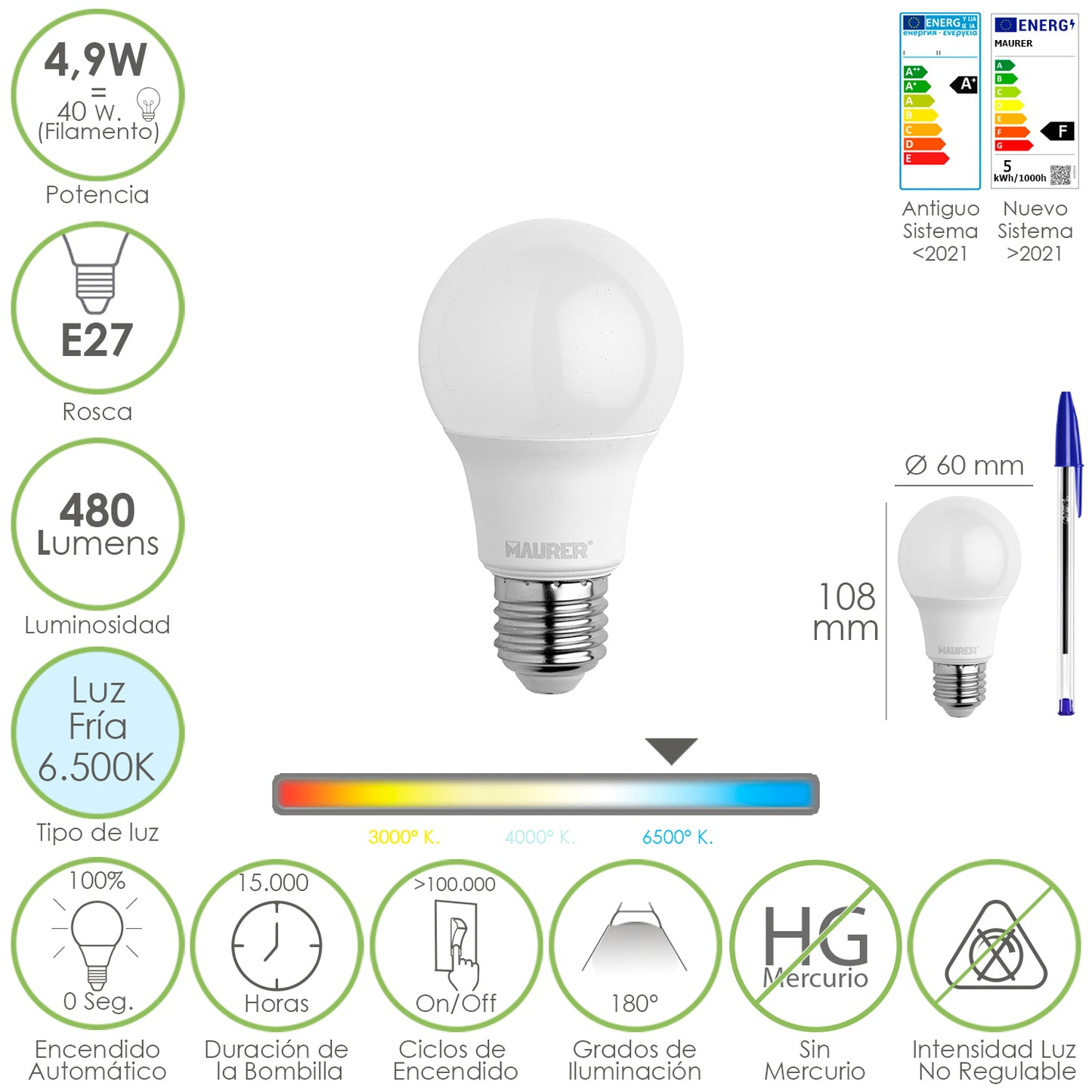 Bombilla Led Estandar Rosca E27. 4.9 Watt. Equivale A 40 Watt. 480 Lumenes. Luz Fria (6500º K.)