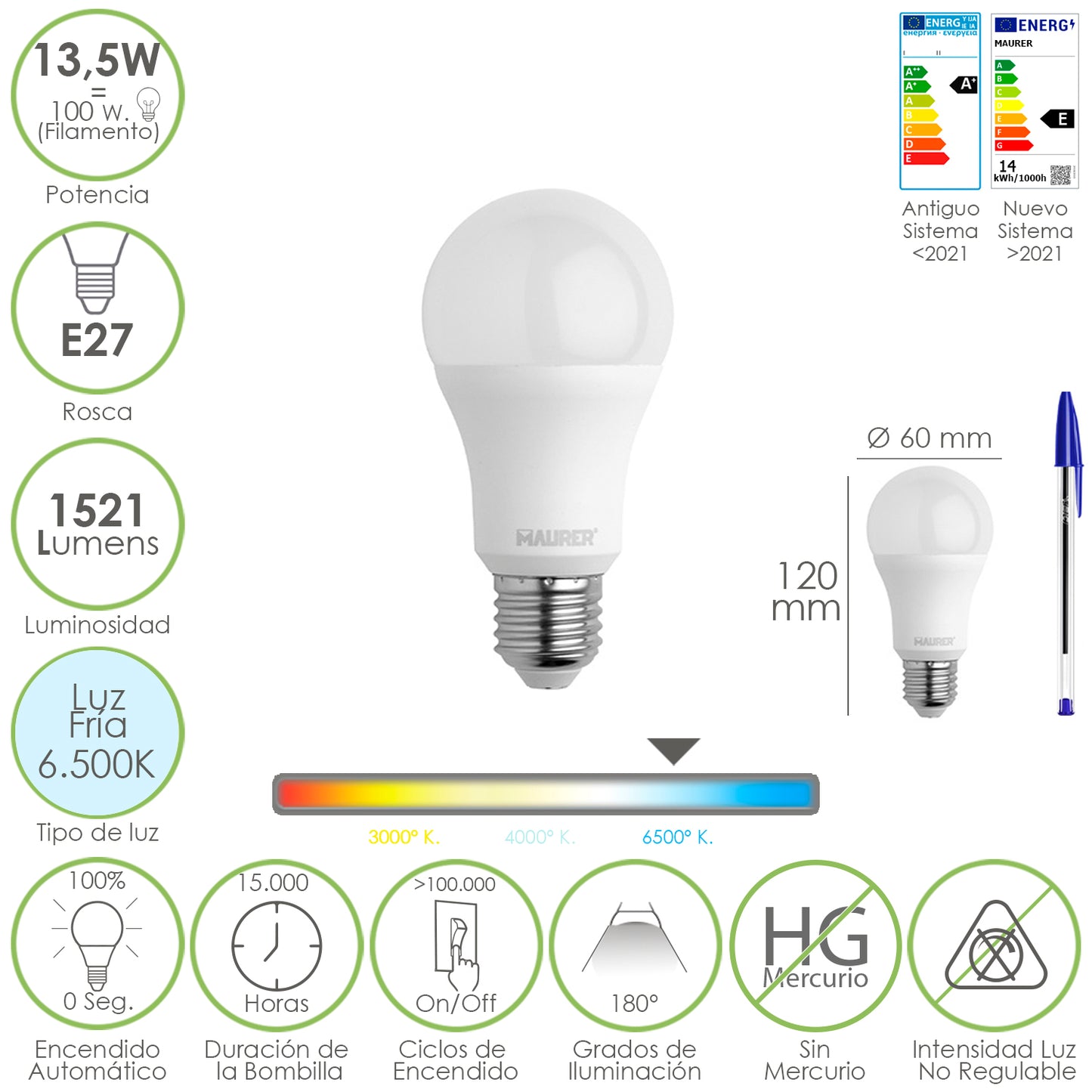 Bombilla Led Estandar Rosca E27. 13,5 Watt. Equivale A 100 Watt. 1521 Lumenes. Luz Fría (6500º K.)