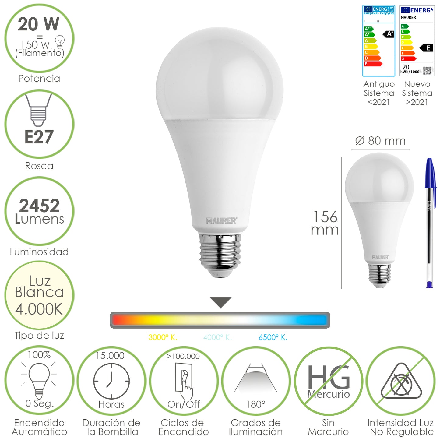 Bombilla Led Estandar Rosca E27. 20 Watt. Equivale A 150 Watt. 2452 Lumenes. Luz Neutra (4000º K.)