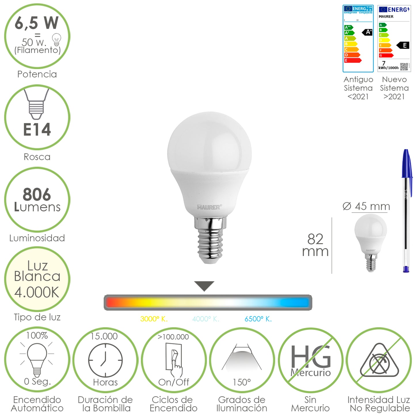 Led Bulbo Sphere Thread E14. 6,5 Watts. Equivalente a 50 Watts. 806 lúmens. Luz Neutra 4000º K.
