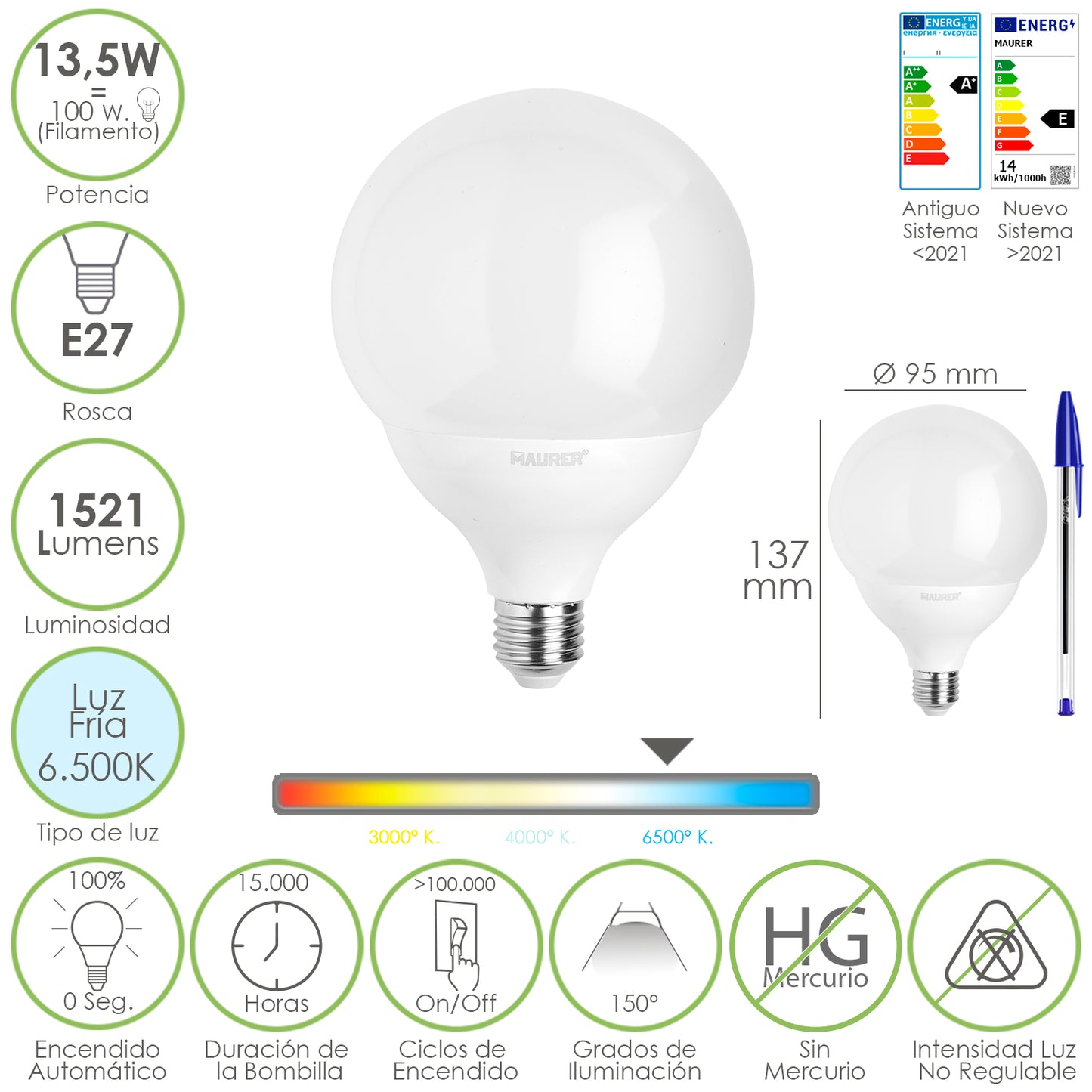 Bombilla Led Esfera Globo E27. 13,5 Watt. Equivale A 100 Watt. 1521 Lumenes. Luz Fria 6500º K.