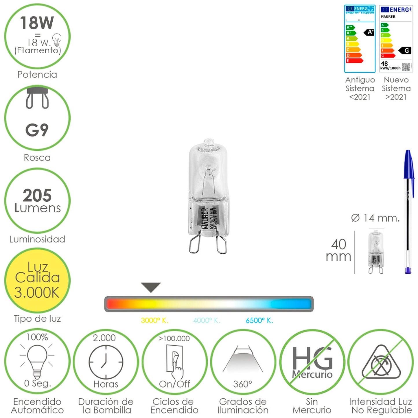 Lâmpada halógena G-9. 18 W. 205 lumens. Luz quente (3.000º K)