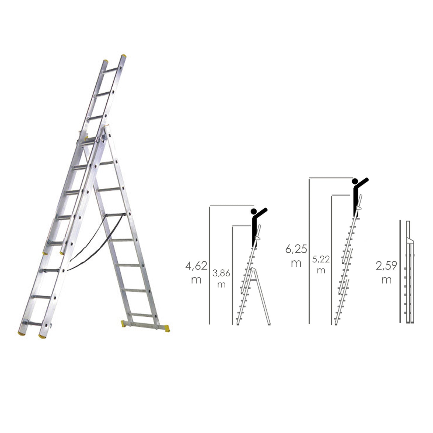 Escalera Aluminio 3 Tramos 9+9+9 Peldaños.Plegable, Telescópica, Antideslizante, Resistente.