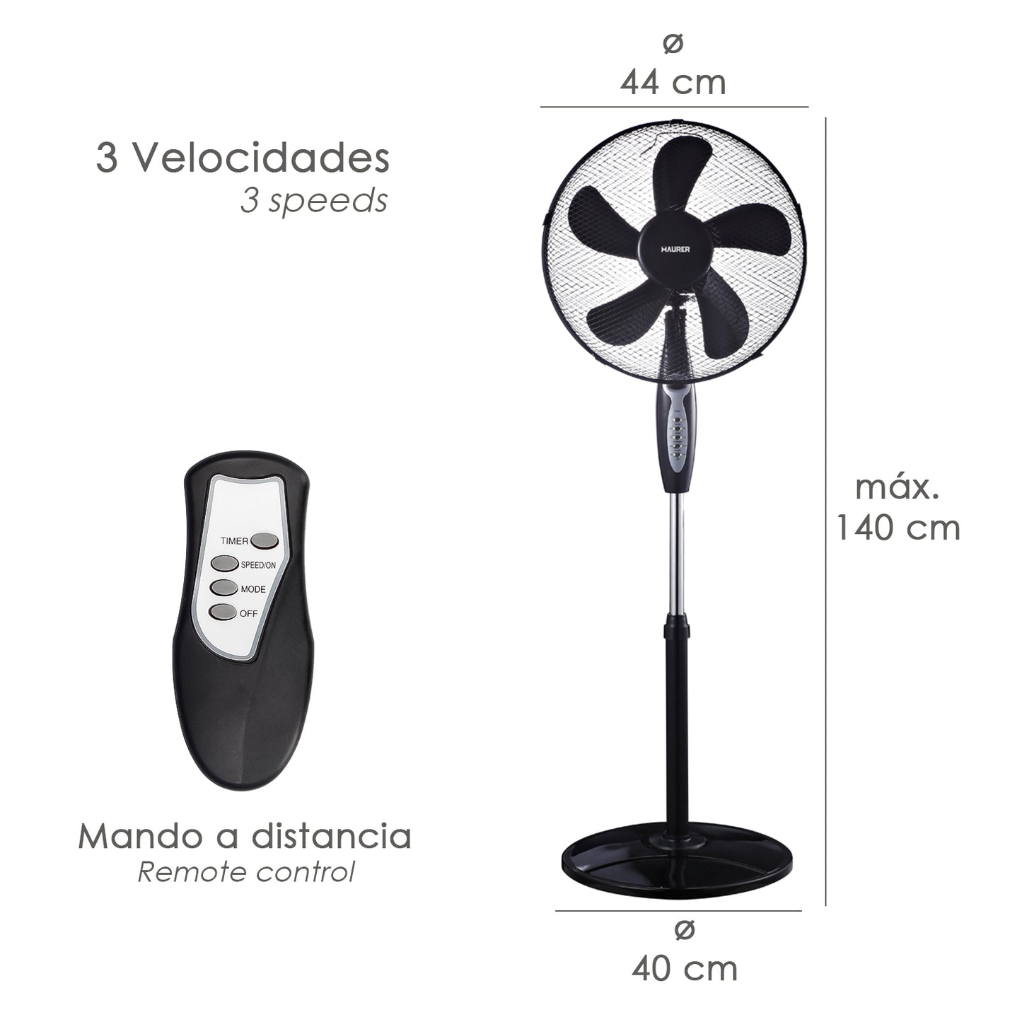 Ventilador de Pé Ø 40 Cm 45 Watt. 3 velocidades 5 lâminas de tamanho grande, 3 velocidades, com temporizador.