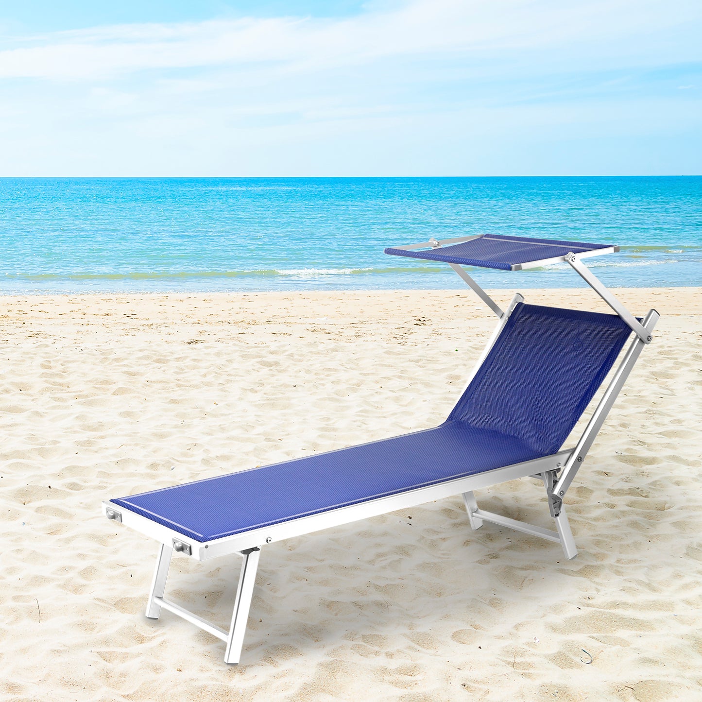 Tumbona Jardín Aluminio Cama Con Parasol Color Azul 181x64 x 57/78 (Alt.) cm. Estructura tubular de 43x42 mm.