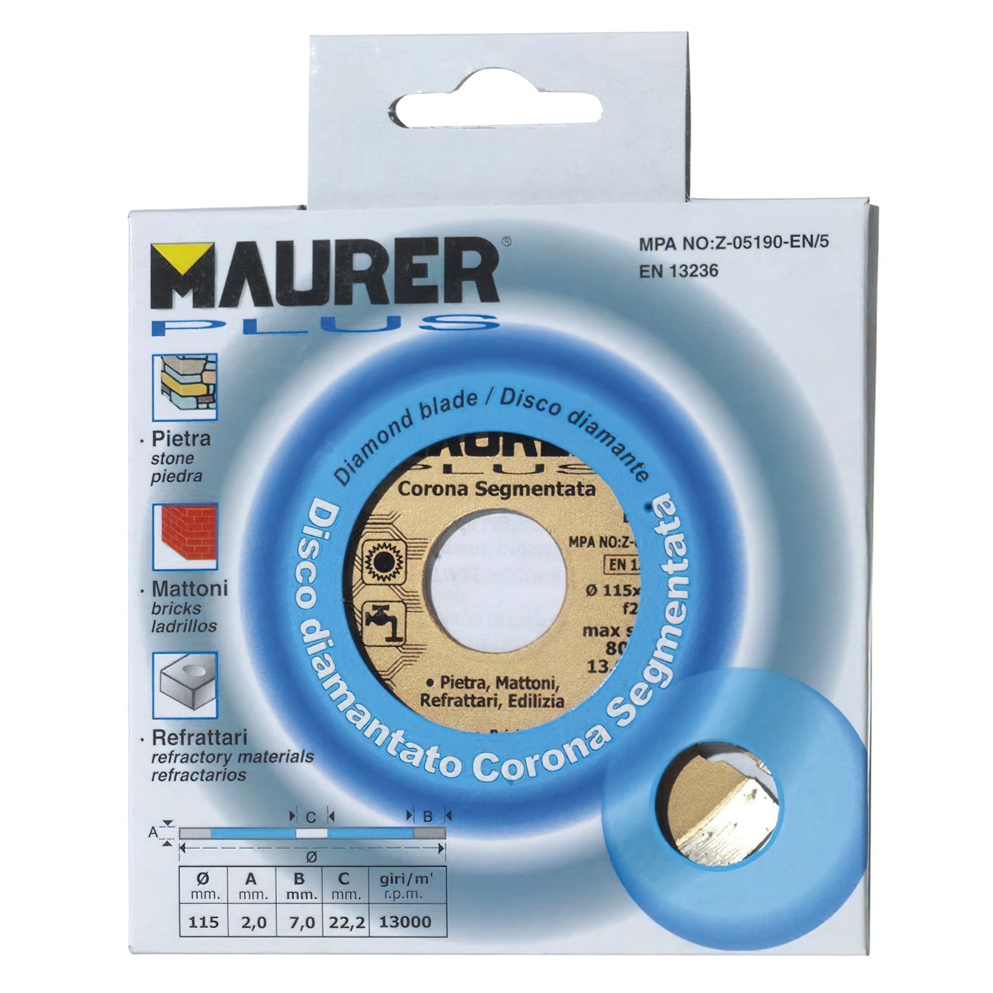 Disco Diamante Maurer Segmentado Piedra, Ladrillo, Refractarios 115 mm.
